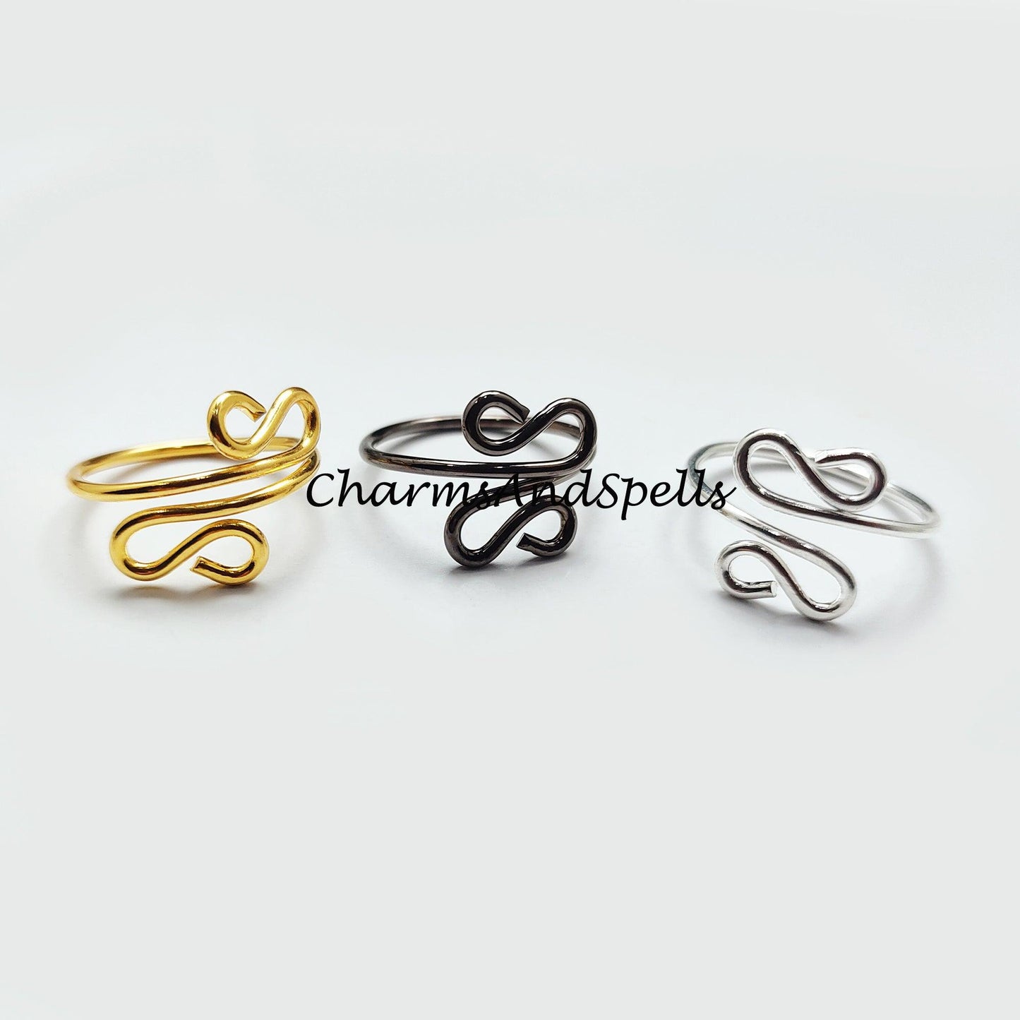 Wire Wrapped Ring, Black, Silver, Gold Plated Wire Ring, Adjustable Ring, Stacking Ring, Statement Ring, Women Ring - Charms And Spells