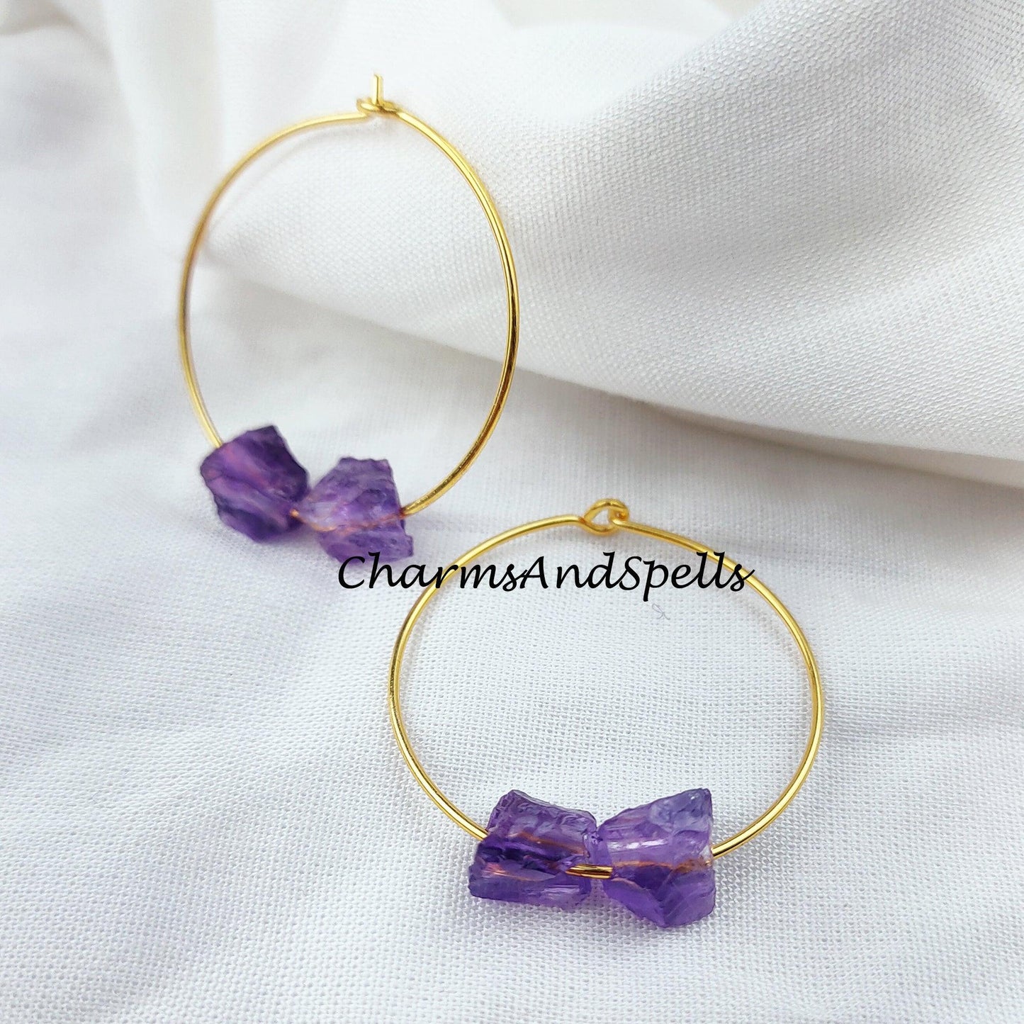 Raw Amethyst Earring, Loop Earring, Gold Plated Earring, Gemstone Earring, Birthstone Earring, Handmade Earring - Charms And Spells