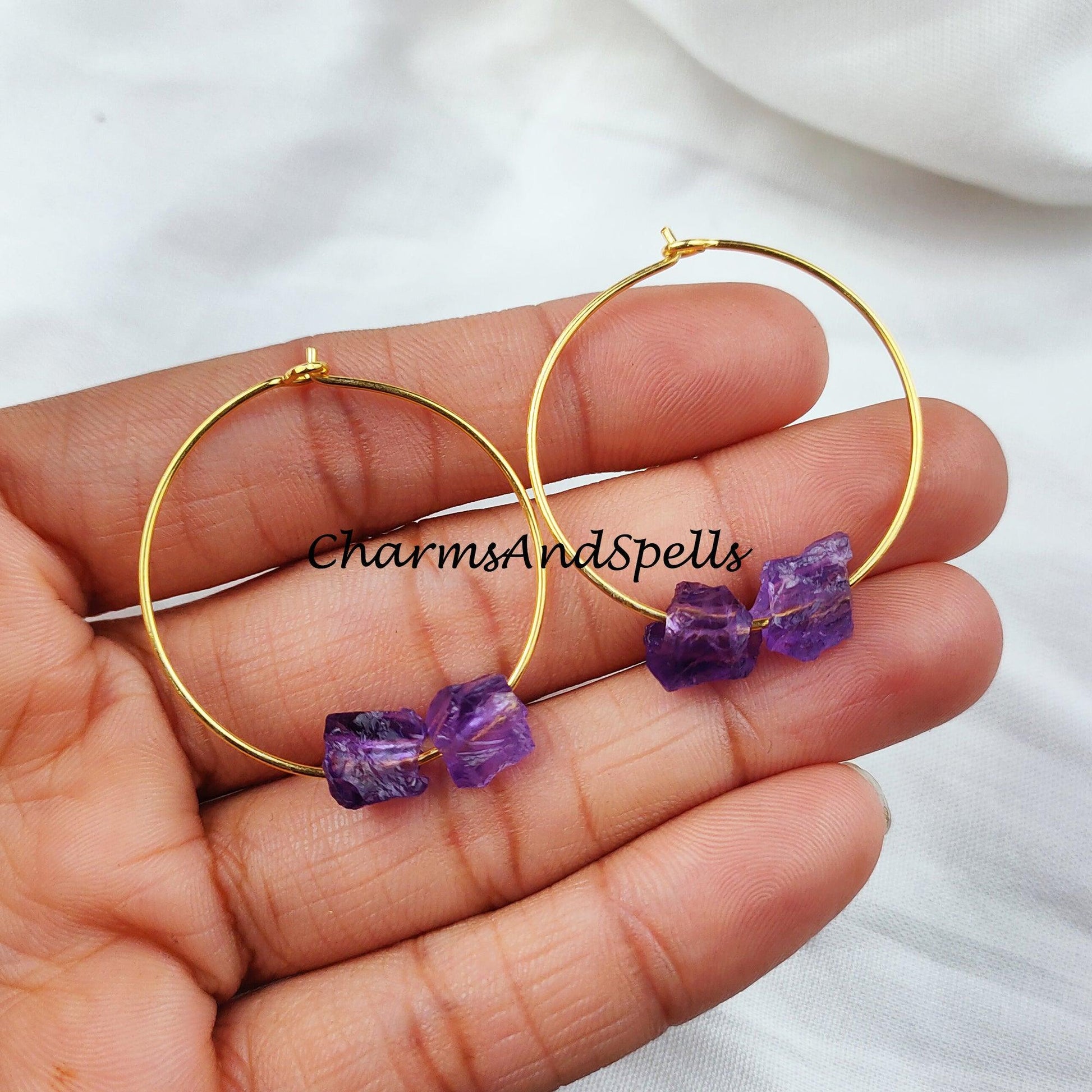 Raw Amethyst Earring, Loop Earring, Gold Plated Earring, Gemstone Earring, Birthstone Earring, Handmade Earring - Charms And Spells