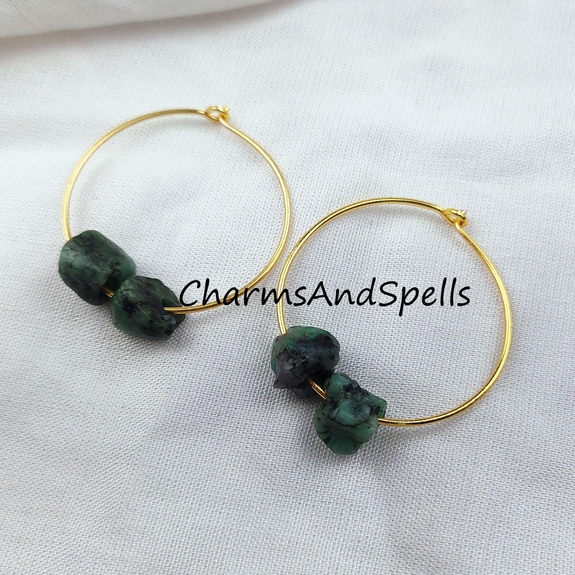 Natural Raw Emerald Earring, 14K Gold Plated Earring, Round Earring, Loop Earring, May Birthstone Earring - Charms And Spells