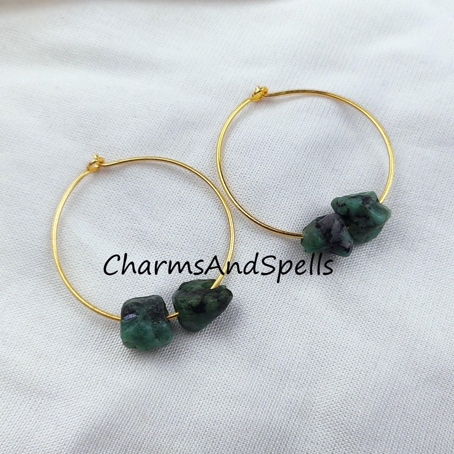 Natural Raw Emerald Earring, 14K Gold Plated Earring, Round Earring, Loop Earring, May Birthstone Earring - Charms And Spells