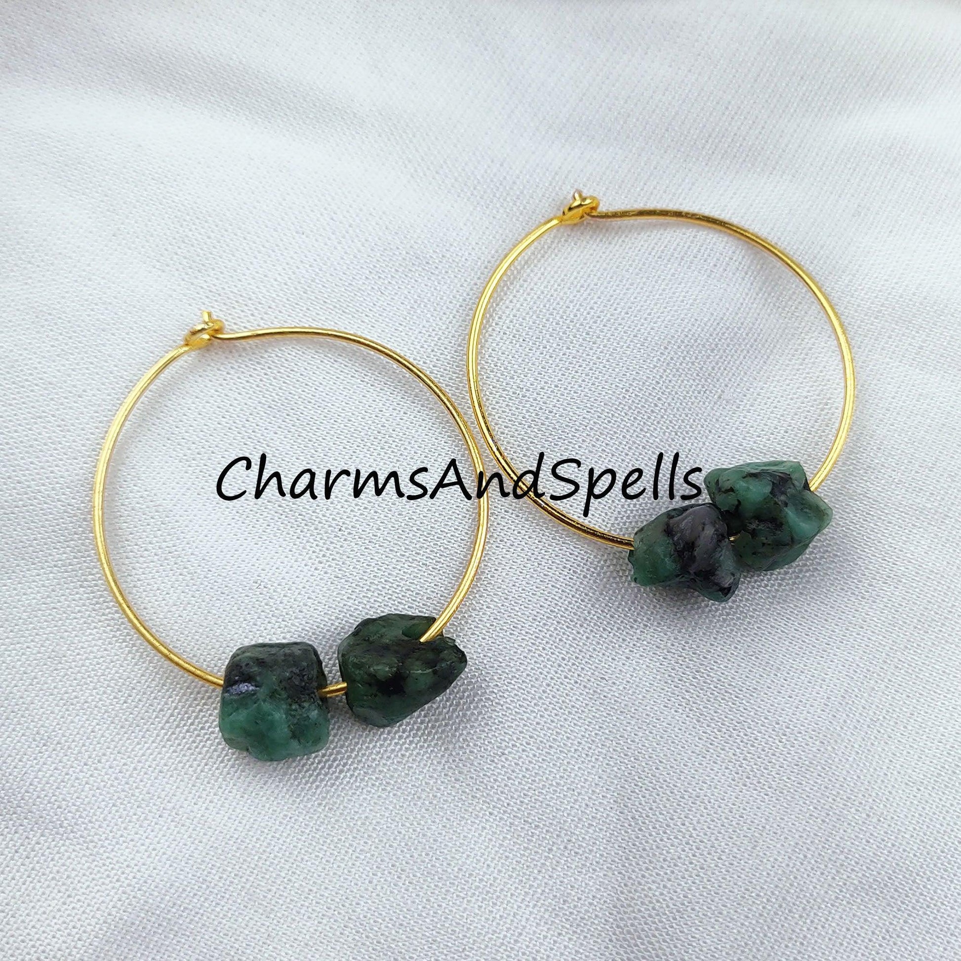 Natural Raw Emerald Earring, 14K Gold Plated Earring, Round Earring, Loop Earring, May Birthstone Earring - Charms And Spells