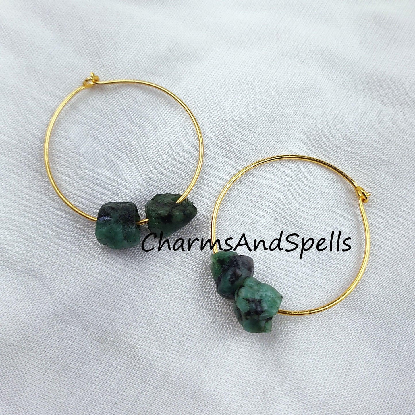 Natural Raw Emerald Earring, 14K Gold Plated Earring, Round Earring, Loop Earring, May Birthstone Earring - Charms And Spells