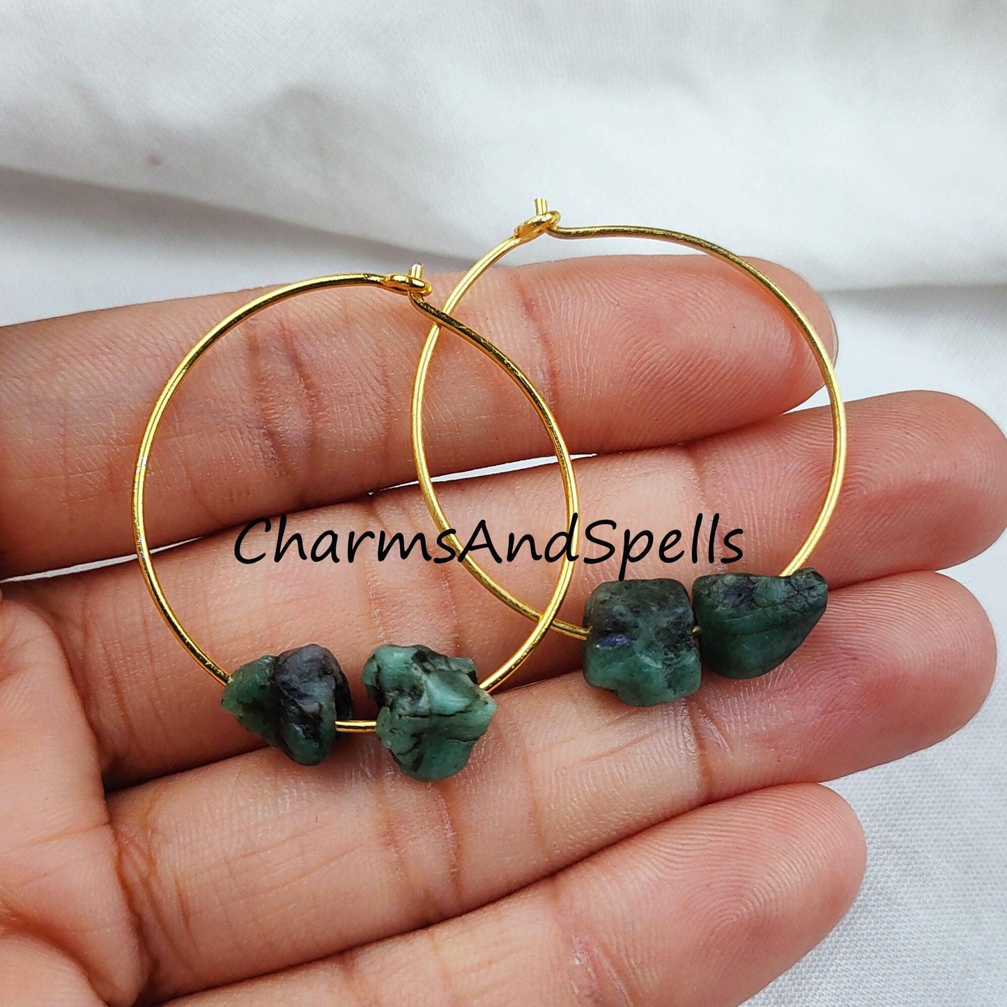 Natural Raw Emerald Earring, 14K Gold Plated Earring, Round Earring, Loop Earring, May Birthstone Earring - Charms And Spells