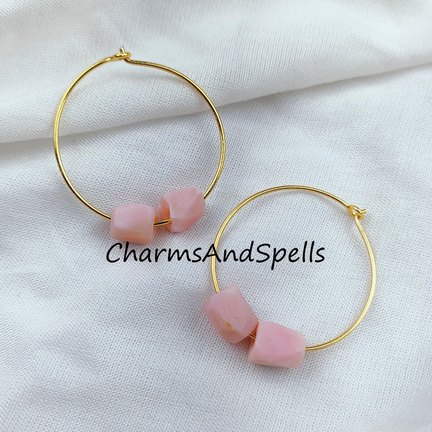 Natural Raw Pink Opal Earrings, Pink Gemstone, Raw Pink Opal Earrings, 14K Gold Plated Earrings, Loop Earring - Charms And Spells