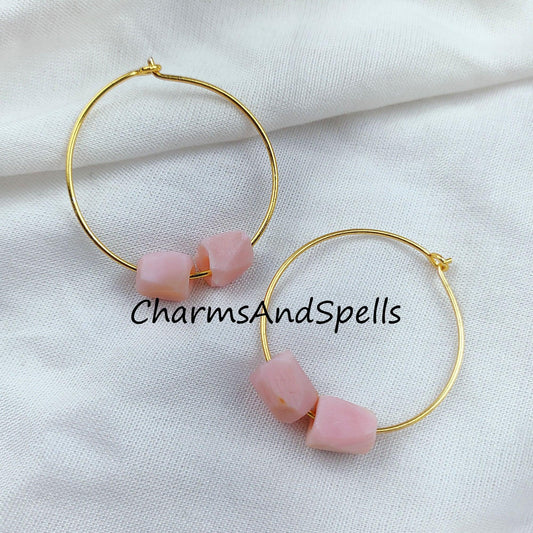 Natural Raw Pink Opal Earrings, Pink Gemstone, Raw Pink Opal Earrings, 14K Gold Plated Earrings, Loop Earring - Charms And Spells