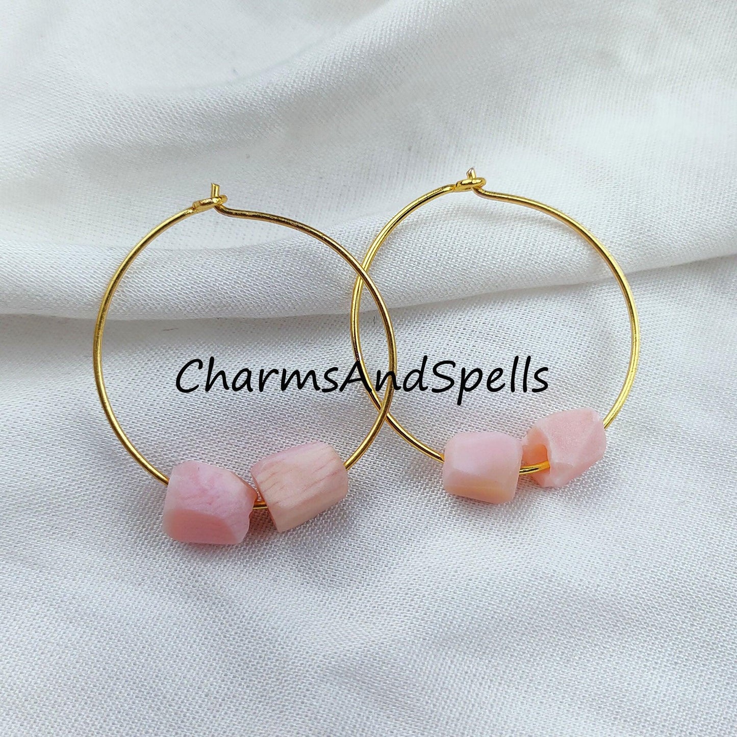 Natural Raw Pink Opal Earrings, Pink Gemstone, Raw Pink Opal Earrings, 14K Gold Plated Earrings, Loop Earring - Charms And Spells