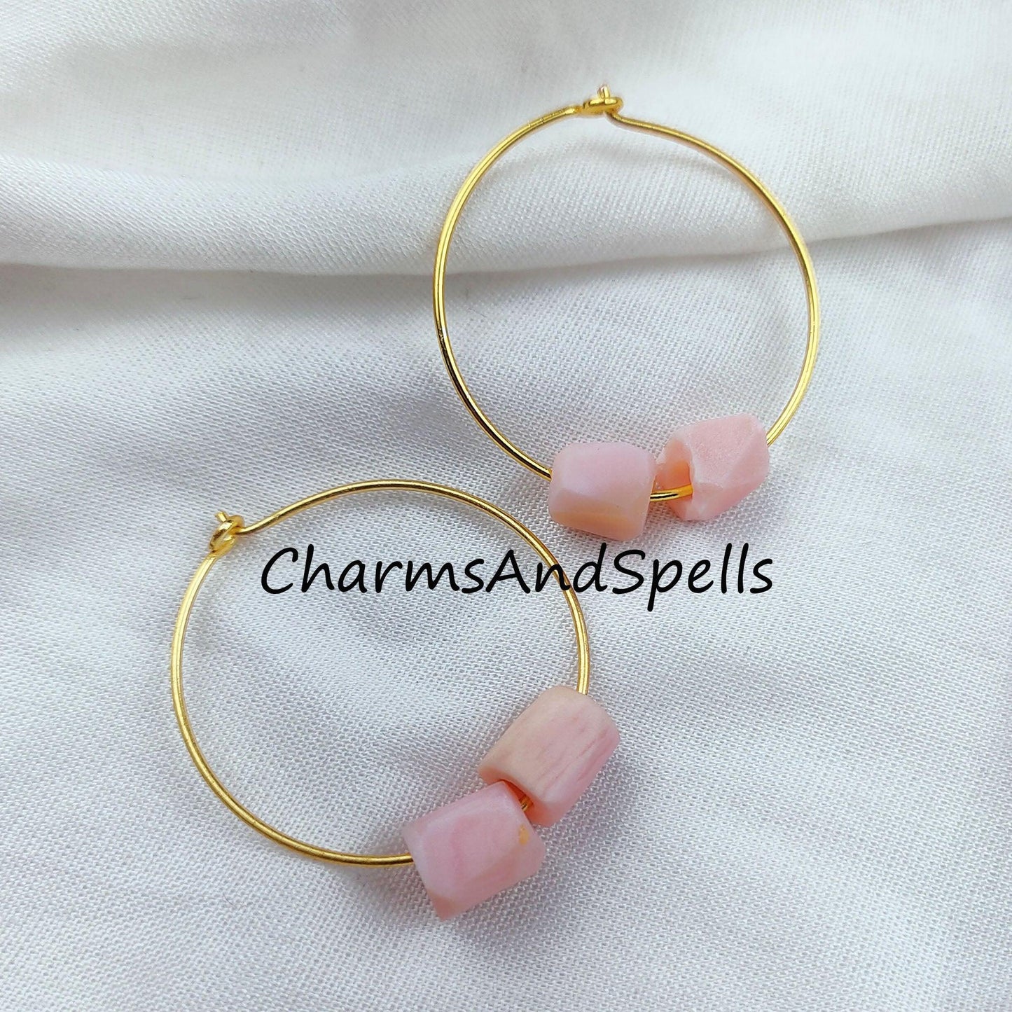 Natural Raw Pink Opal Earrings, Pink Gemstone, Raw Pink Opal Earrings, 14K Gold Plated Earrings, Loop Earring - Charms And Spells