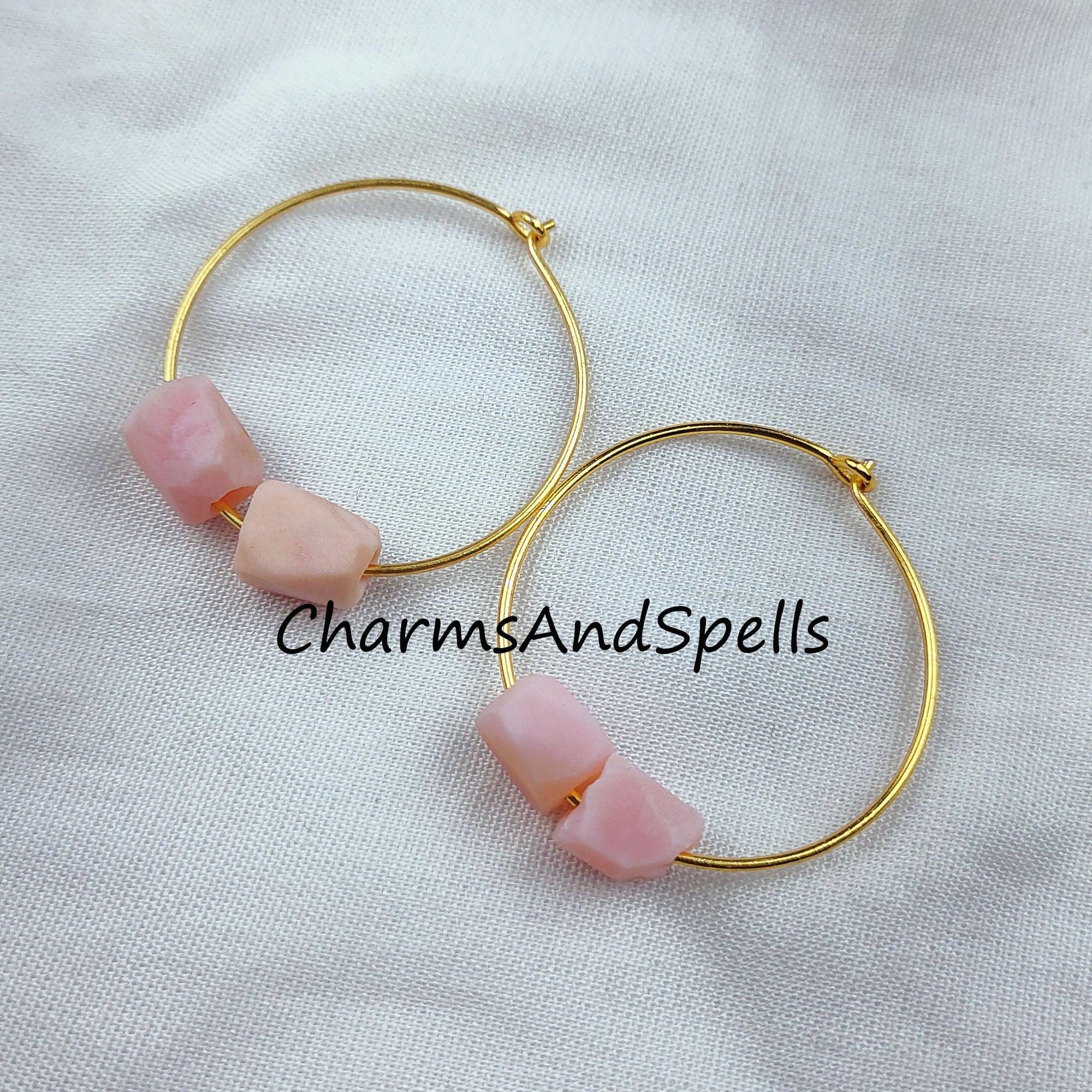 Natural Raw Pink Opal Earrings, Pink Gemstone, Raw Pink Opal Earrings, 14K Gold Plated Earrings, Loop Earring - Charms And Spells