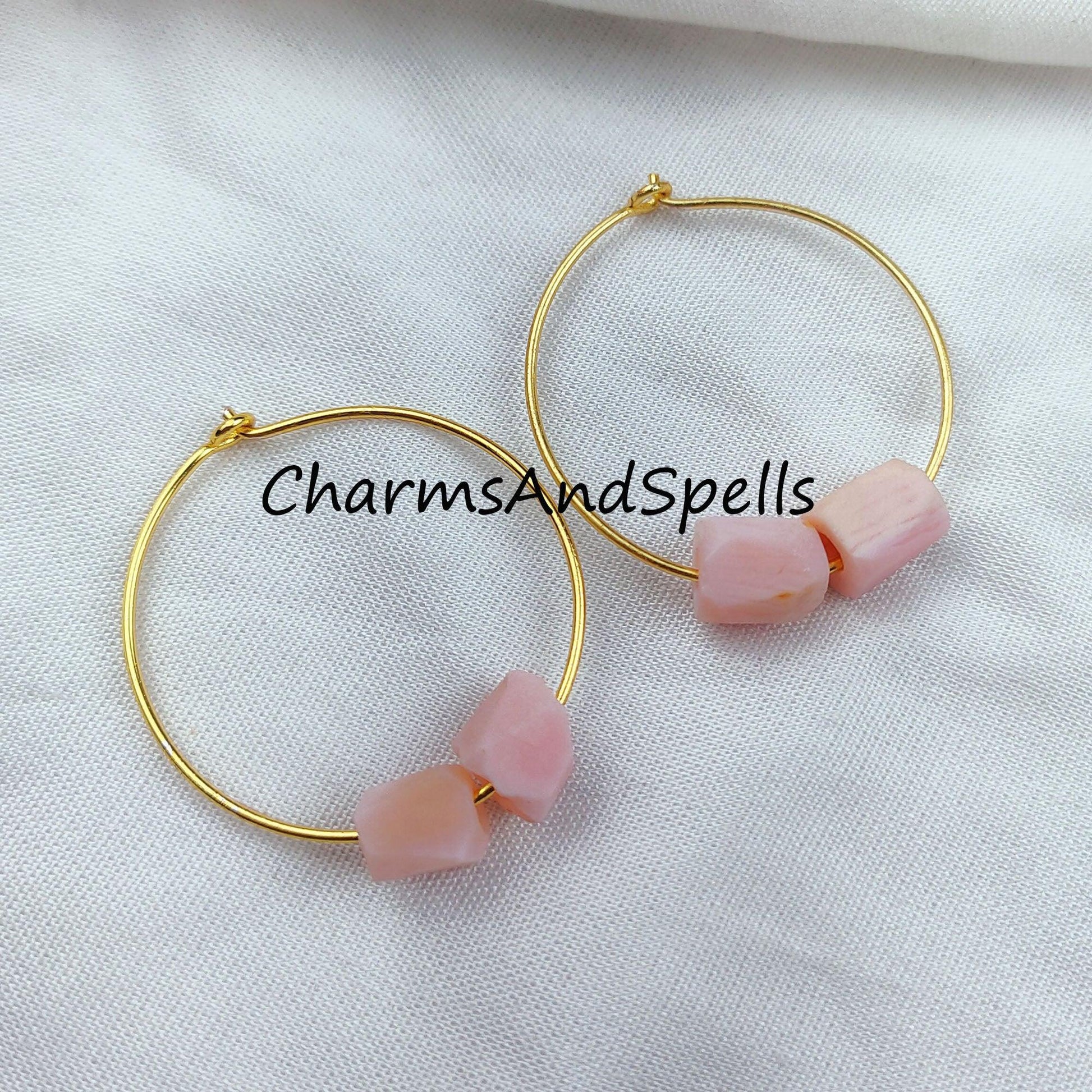 Natural Raw Pink Opal Earrings, Pink Gemstone, Raw Pink Opal Earrings, 14K Gold Plated Earrings, Loop Earring - Charms And Spells