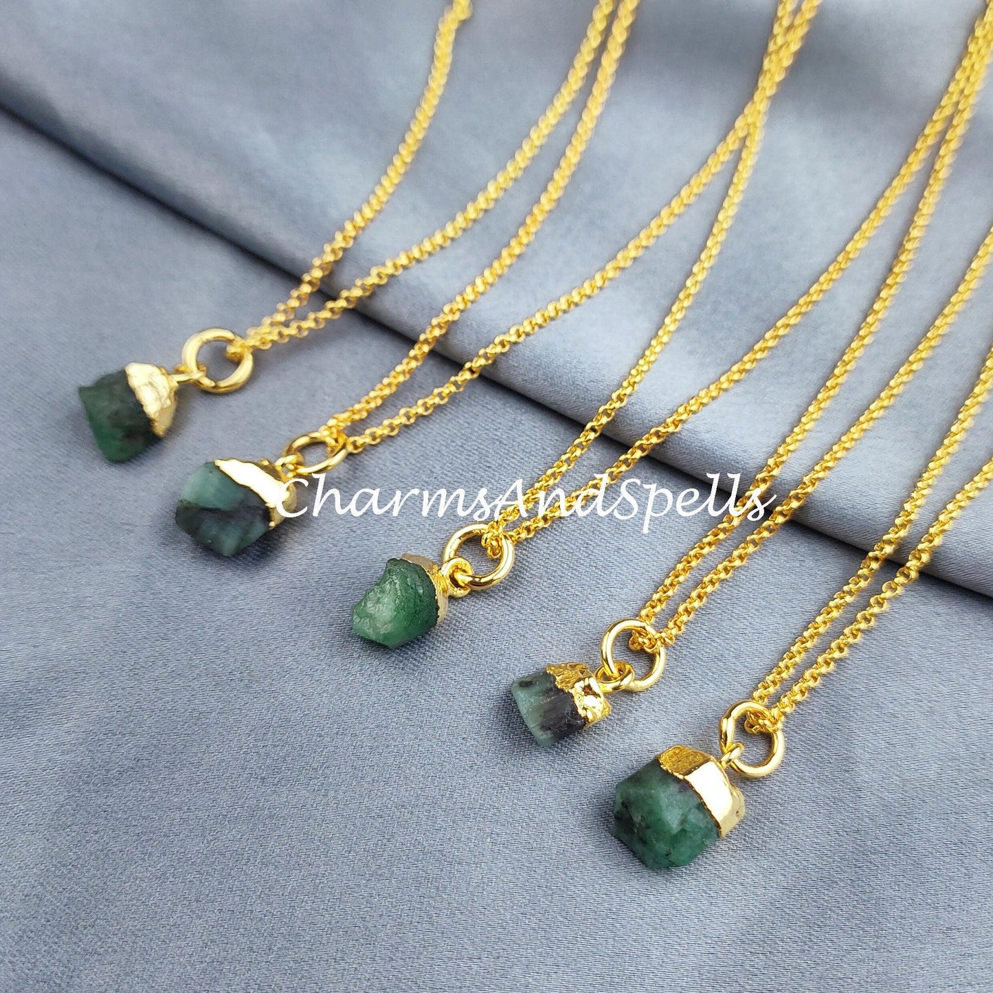 Natural Raw Emerald Necklace, Gold Plated Necklace, Crystal Necklace, Rough Emerald Necklace, Natural Gemstone Healing Crystal Jewelry - Charms And Spells