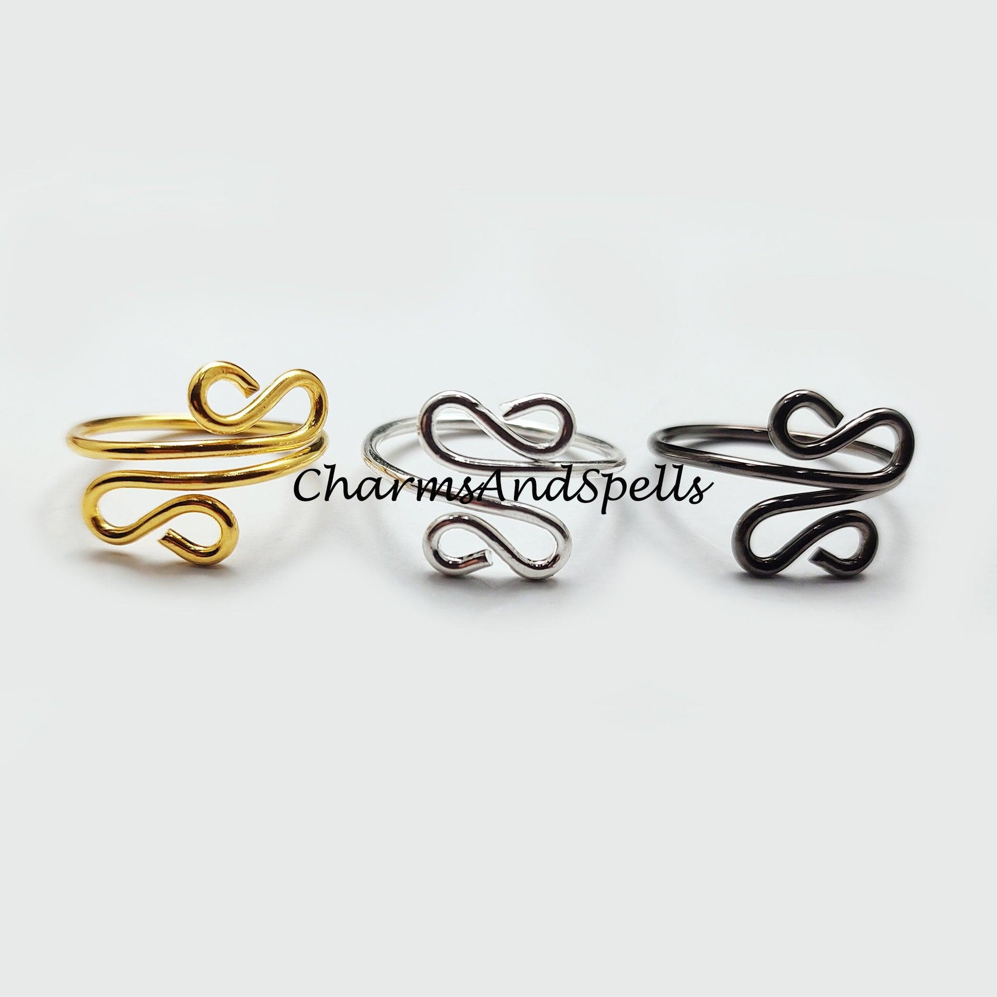 Wire Wrapped Ring, Black, Silver, Gold Plated Wire Ring, Adjustable Ring, Stacking Ring, Statement Ring, Women Ring - Charms And Spells