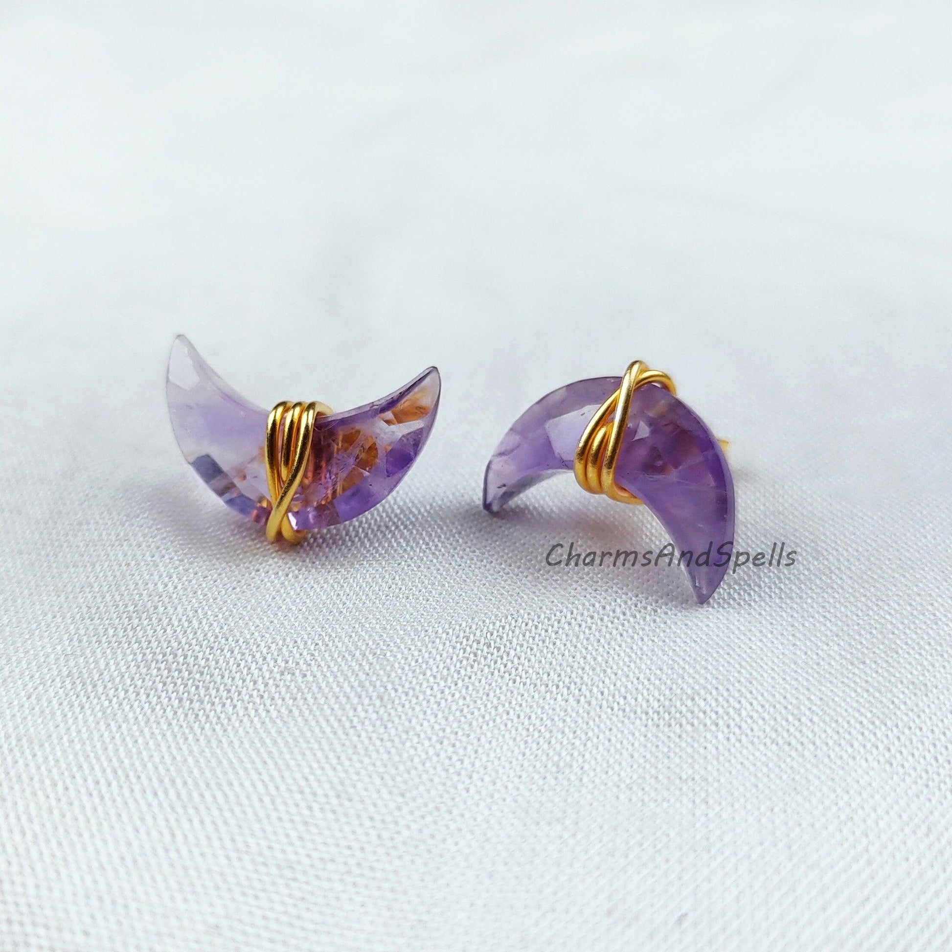 Amethyst Earring, Moon Studs, 14K Gold Plated Earrings, Amethyst Stud Earrings, Purple Wire Wrap Stud Earrings - Charms And Spells