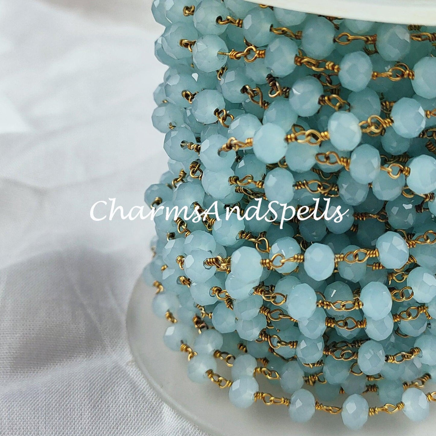 1 feet Chain, Aqua Chalcedony Beaded Chain, Blue Wire Wrapped Chain, Rosary Bead Chain, Jewelry Making Chain, DIY Chain, Handmade Chain - Charms And Spells