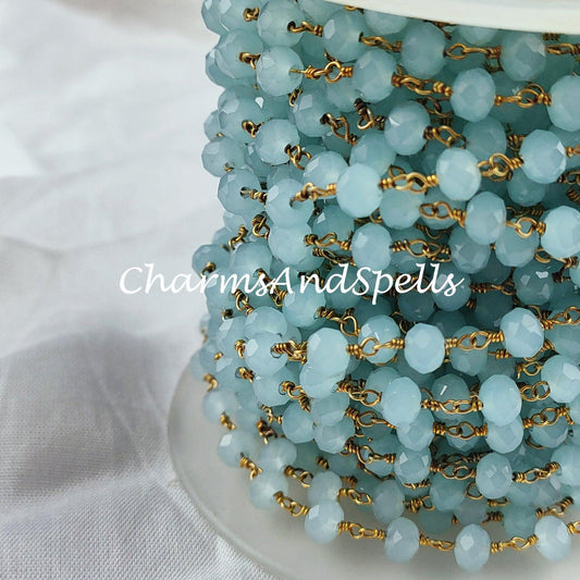 1 feet Chain, Aqua Chalcedony Beaded Chain, Blue Wire Wrapped Chain, Rosary Bead Chain, Jewelry Making Chain, DIY Chain, Handmade Chain - Charms And Spells