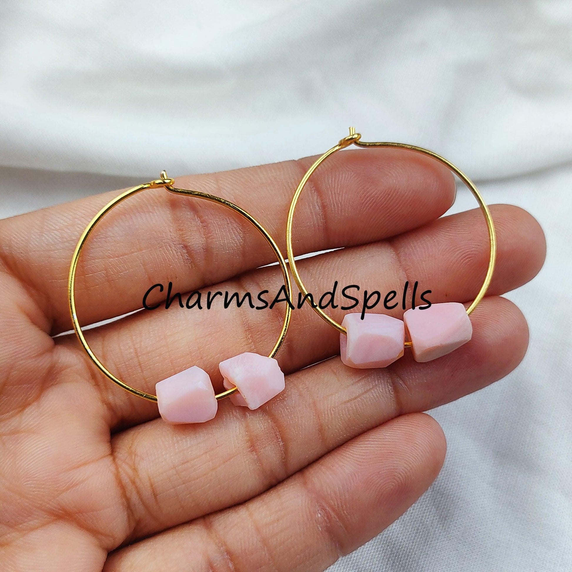 Natural Raw Pink Opal Earrings, Pink Gemstone, Raw Pink Opal Earrings, 14K Gold Plated Earrings, Loop Earring - Charms And Spells