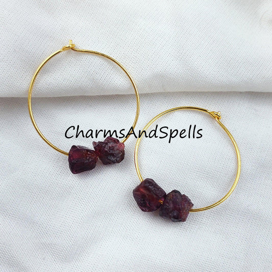 Natural Raw Garnet Earring, 14K Gold Plated Earring, Round Earring, Loop Earring, January Birthstone Earring - Charms And Spells