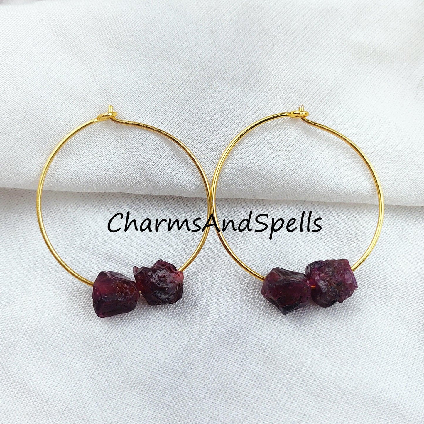 Natural Raw Garnet Earring, 14K Gold Plated Earring, Round Earring, Loop Earring, January Birthstone Earring - Charms And Spells