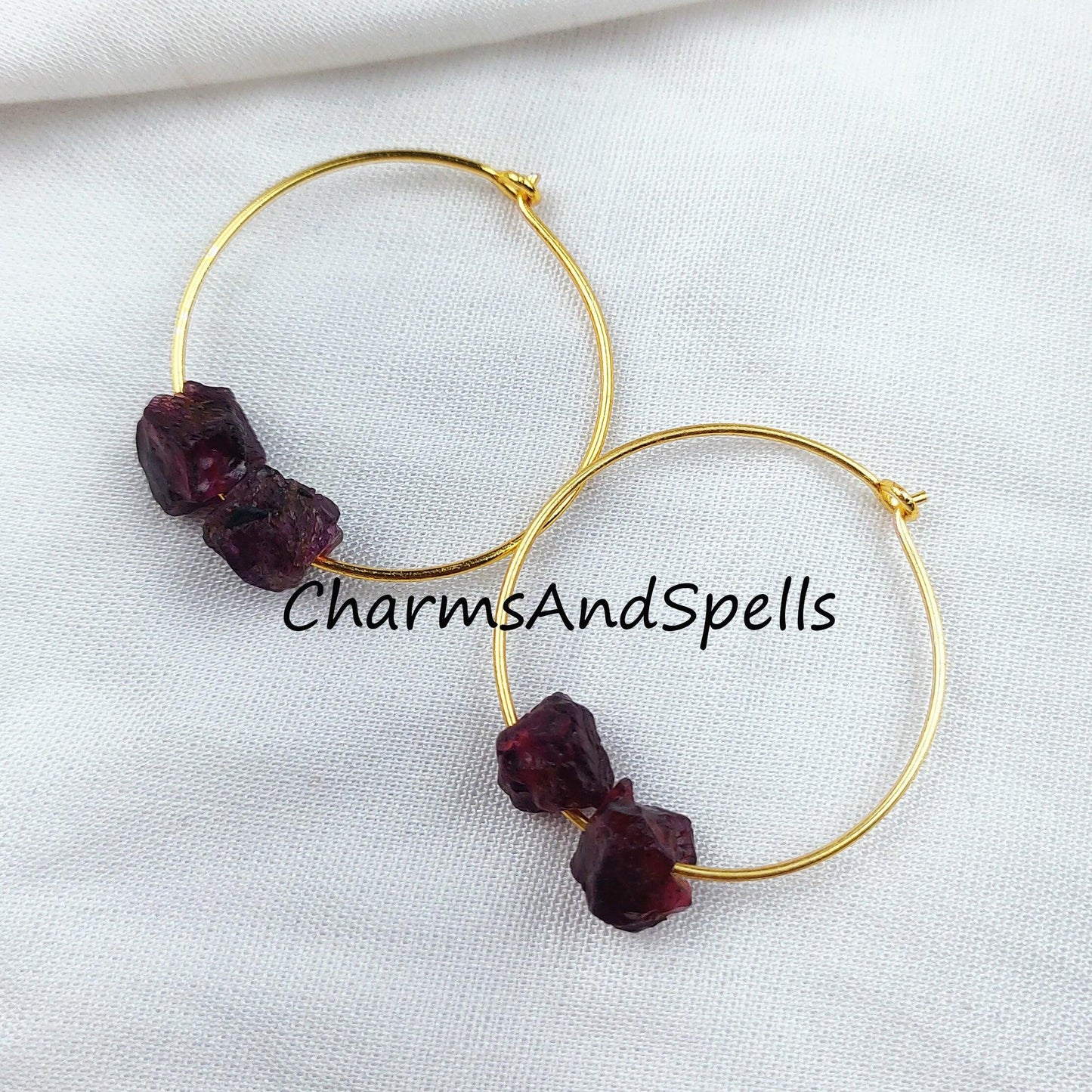 Natural Raw Garnet Earring, 14K Gold Plated Earring, Round Earring, Loop Earring, January Birthstone Earring - Charms And Spells