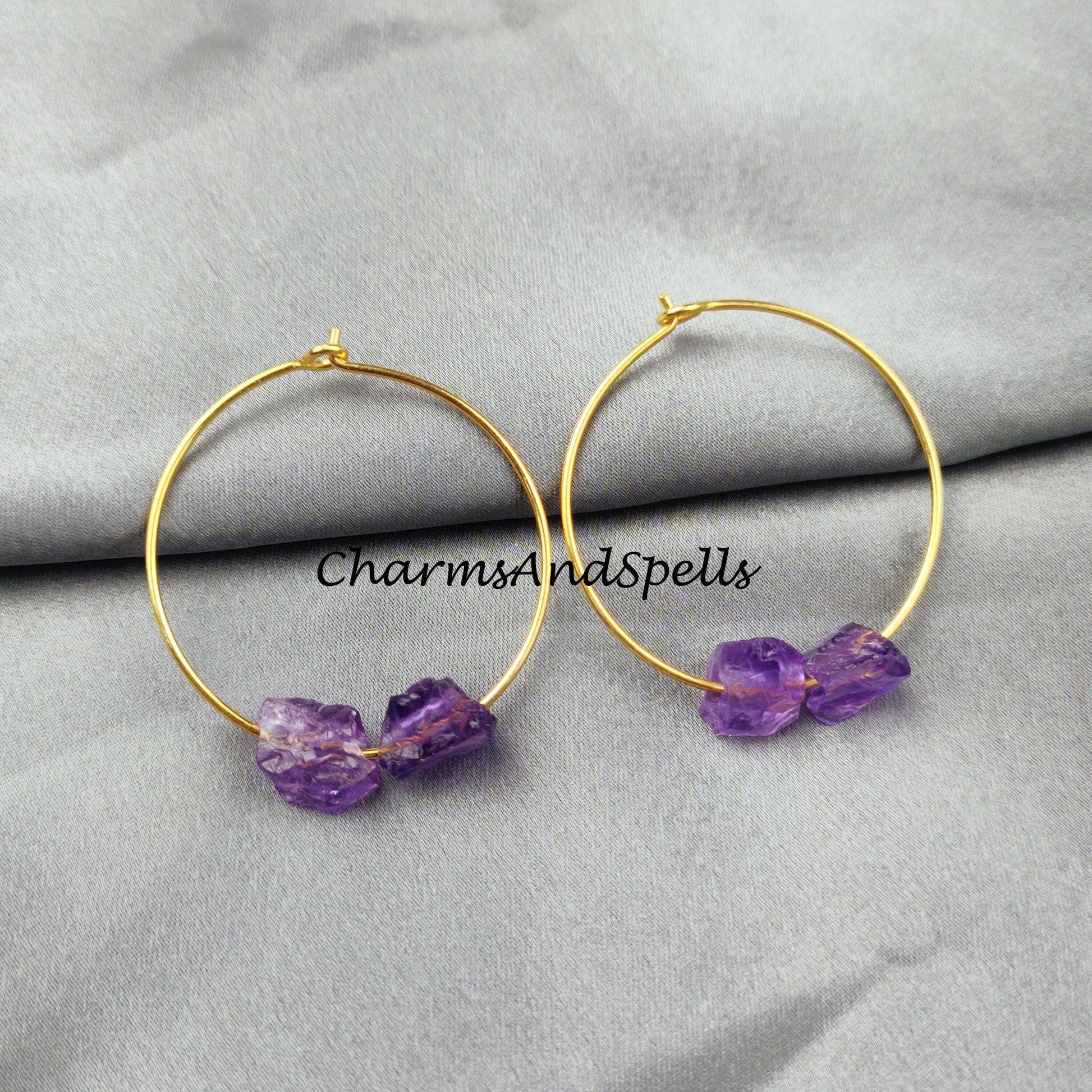 Raw Amethyst Earring, Loop Earring, Gold Plated Earring, Gemstone Earring, Birthstone Earring, Handmade Earring - Charms And Spells