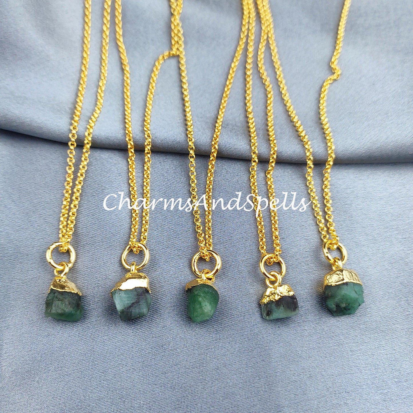 Natural Raw Emerald Necklace, Gold Plated Necklace, Crystal Necklace, Rough Emerald Necklace, Natural Gemstone Healing Crystal Jewelry - Charms And Spells