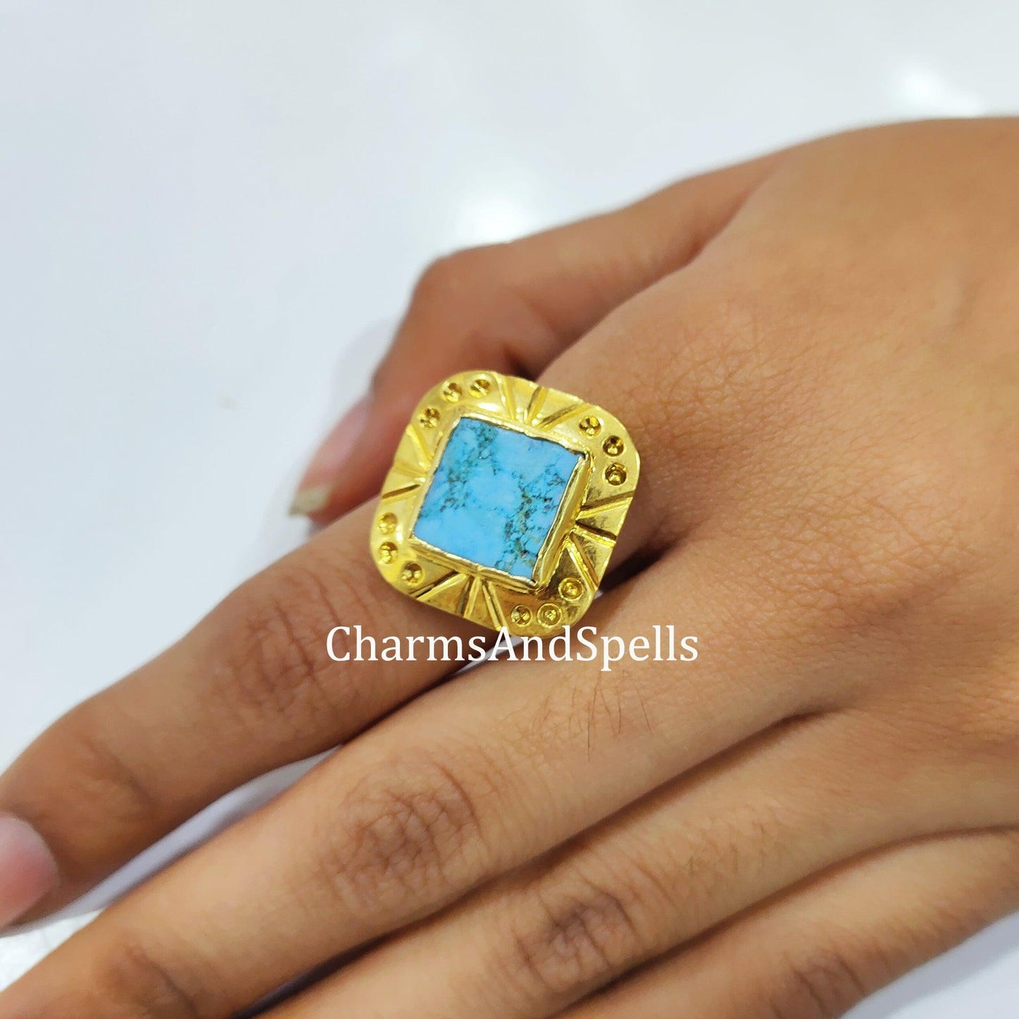 Turquoise Howlite Ring, Ring for Women, Statement Ring with Stone, Gold Plated Ring, Gemstone Ring, Bohemian Jewelry - Charms And Spells