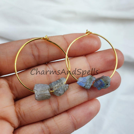 Natural Labradorite Earrings, Blue Flashy Labradorite, Raw Labradorite Earrings, 14K Gold Plated Earrings - Charms And Spells