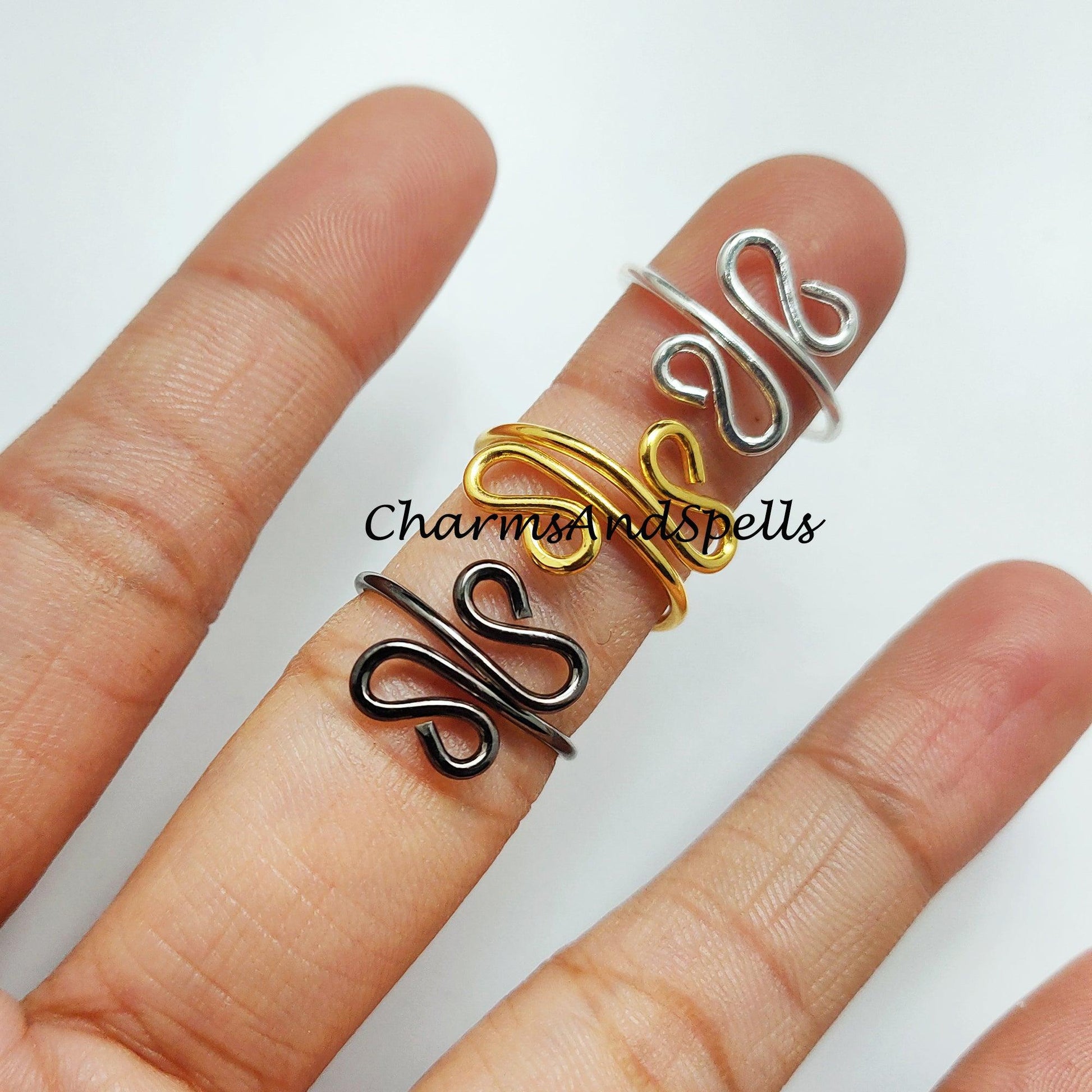 Wire Wrapped Ring, Black, Silver, Gold Plated Wire Ring, Adjustable Ring, Stacking Ring, Statement Ring, Women Ring - Charms And Spells