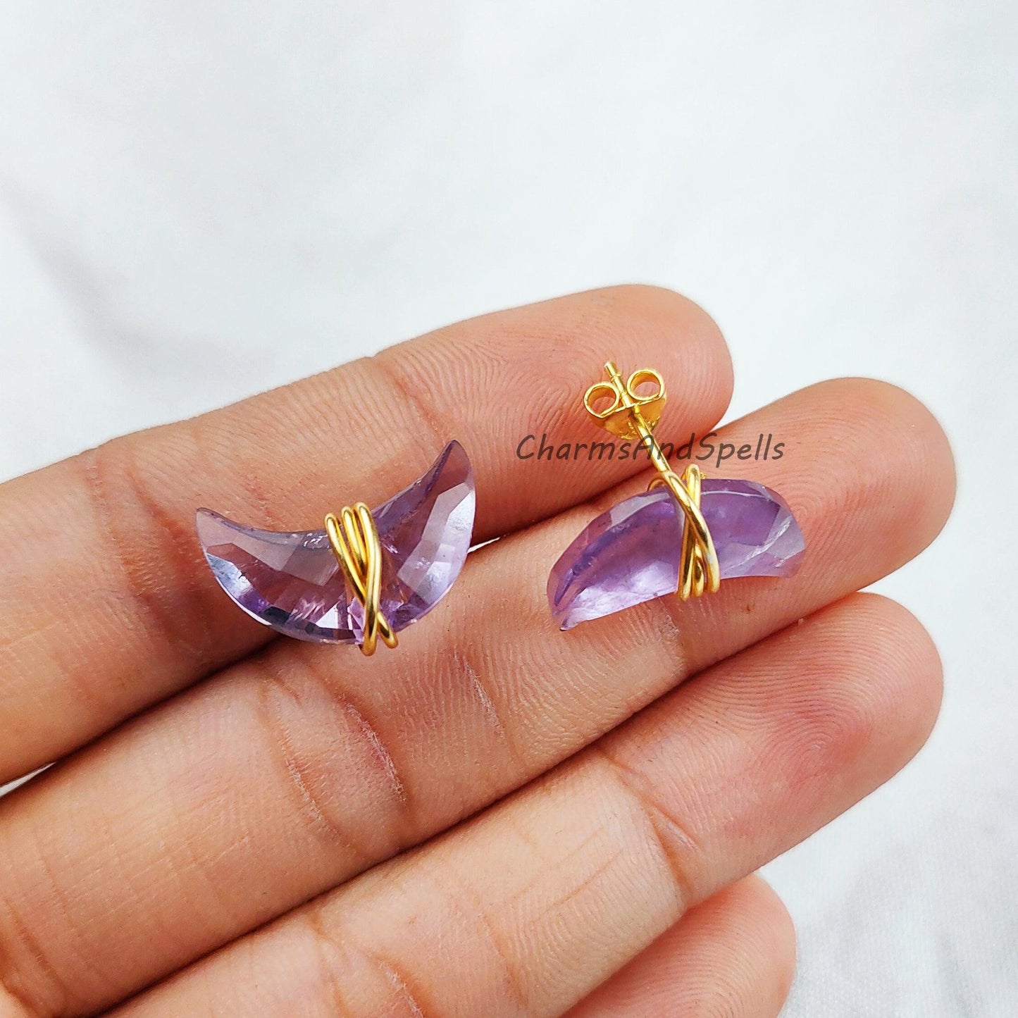 Amethyst Earring, Moon Studs, 14K Gold Plated Earrings, Amethyst Stud Earrings, Purple Wire Wrap Stud Earrings - Charms And Spells