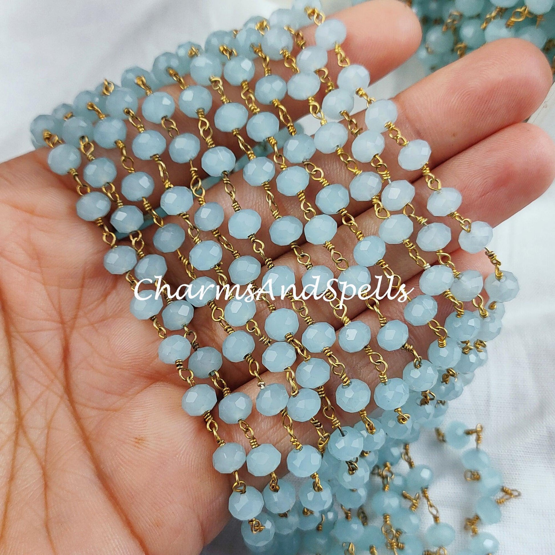 1 feet Chain, Aqua Chalcedony Beaded Chain, Blue Wire Wrapped Chain, Rosary Bead Chain, Jewelry Making Chain, DIY Chain, Handmade Chain - Charms And Spells