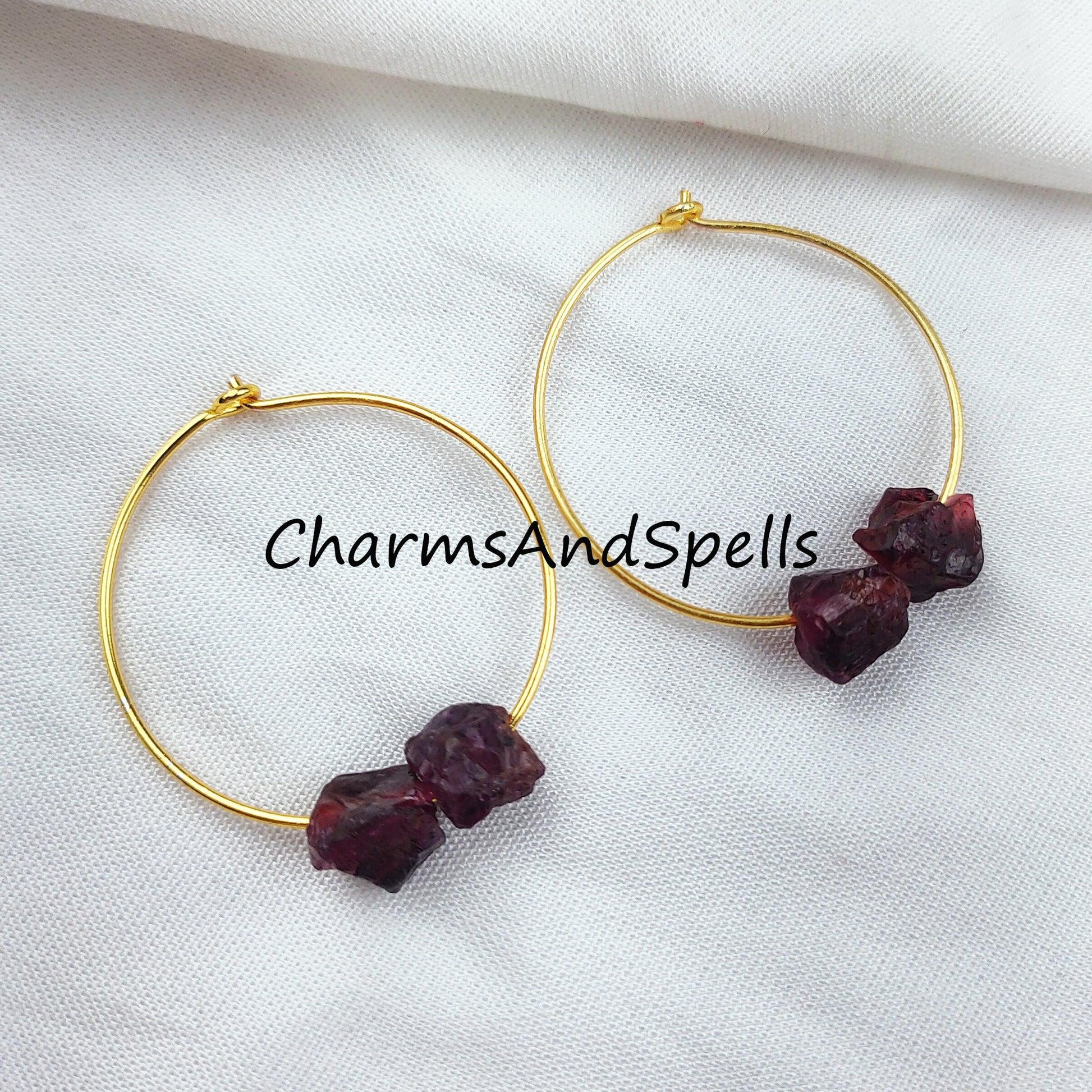 Natural Raw Garnet Earring, 14K Gold Plated Earring, Round Earring, Loop Earring, January Birthstone Earring - Charms And Spells