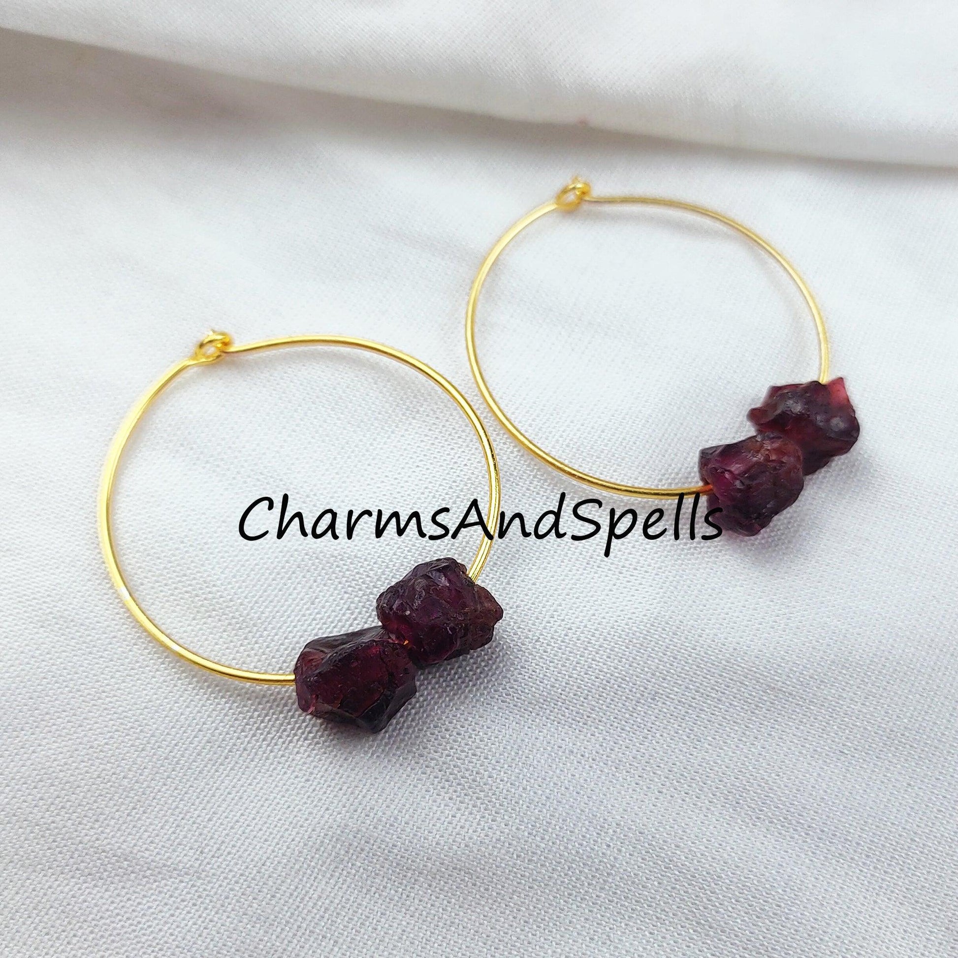 Natural Raw Garnet Earring, 14K Gold Plated Earring, Round Earring, Loop Earring, January Birthstone Earring - Charms And Spells