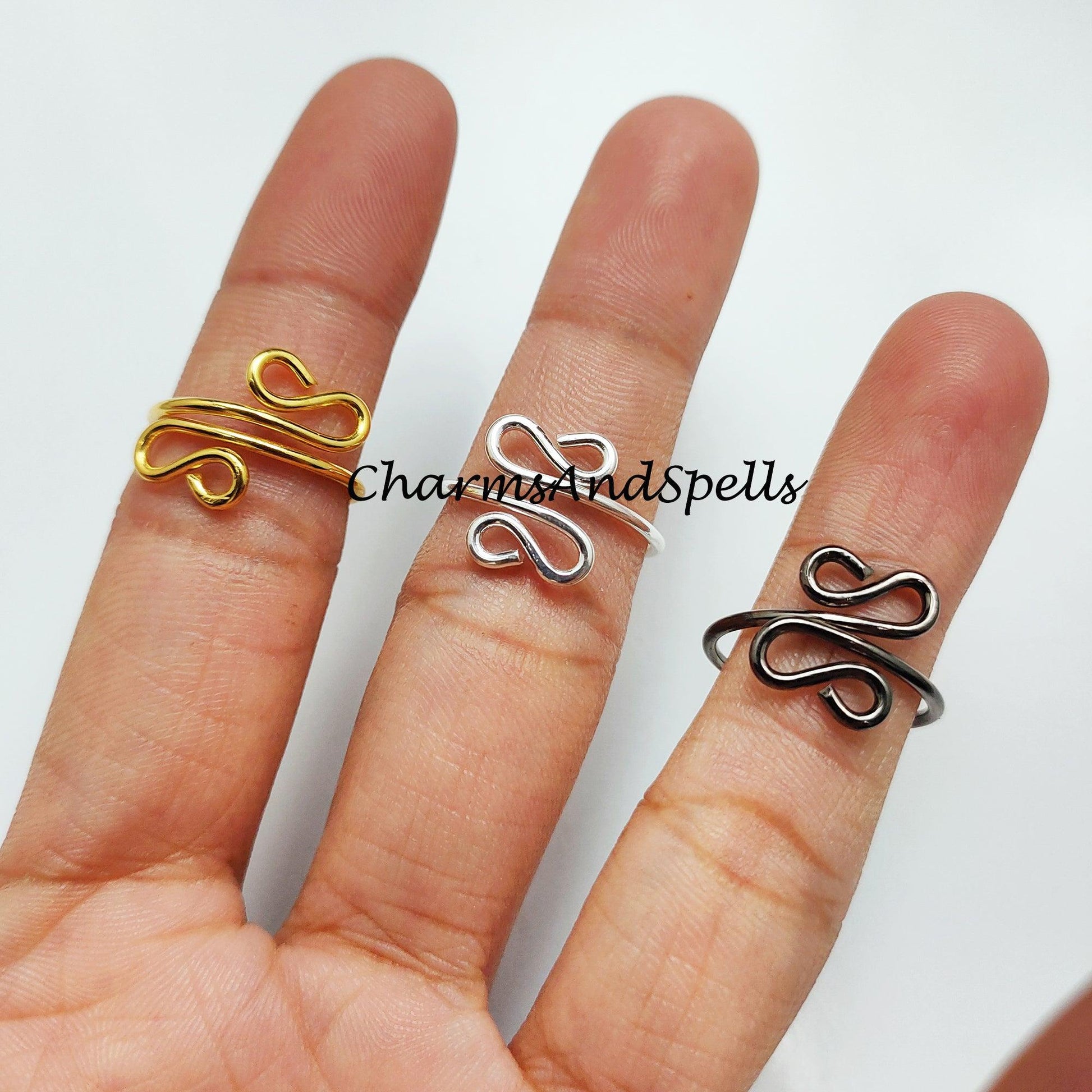 Wire Wrapped Ring, Black, Silver, Gold Plated Wire Ring, Adjustable Ring, Stacking Ring, Statement Ring, Women Ring - Charms And Spells