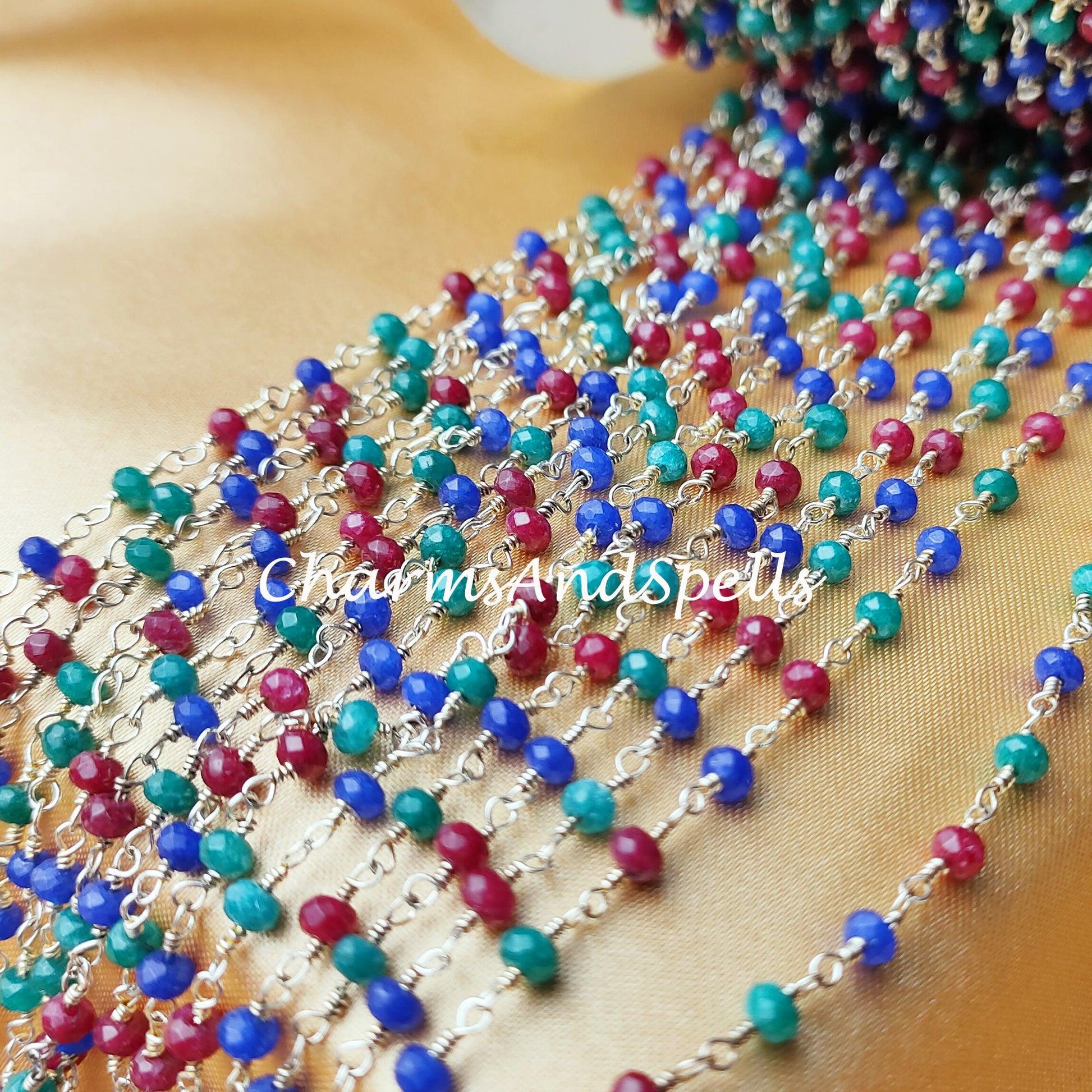 1 Feet Chain, Multi Gemstone Beaded Rosary Chain, Rondelle Faceted 3-3.5mm 925 Sterling Silver Plating Chain, Jewelry Findings,DIY Bulk Rosary Chain Rolls - Charms And Spells