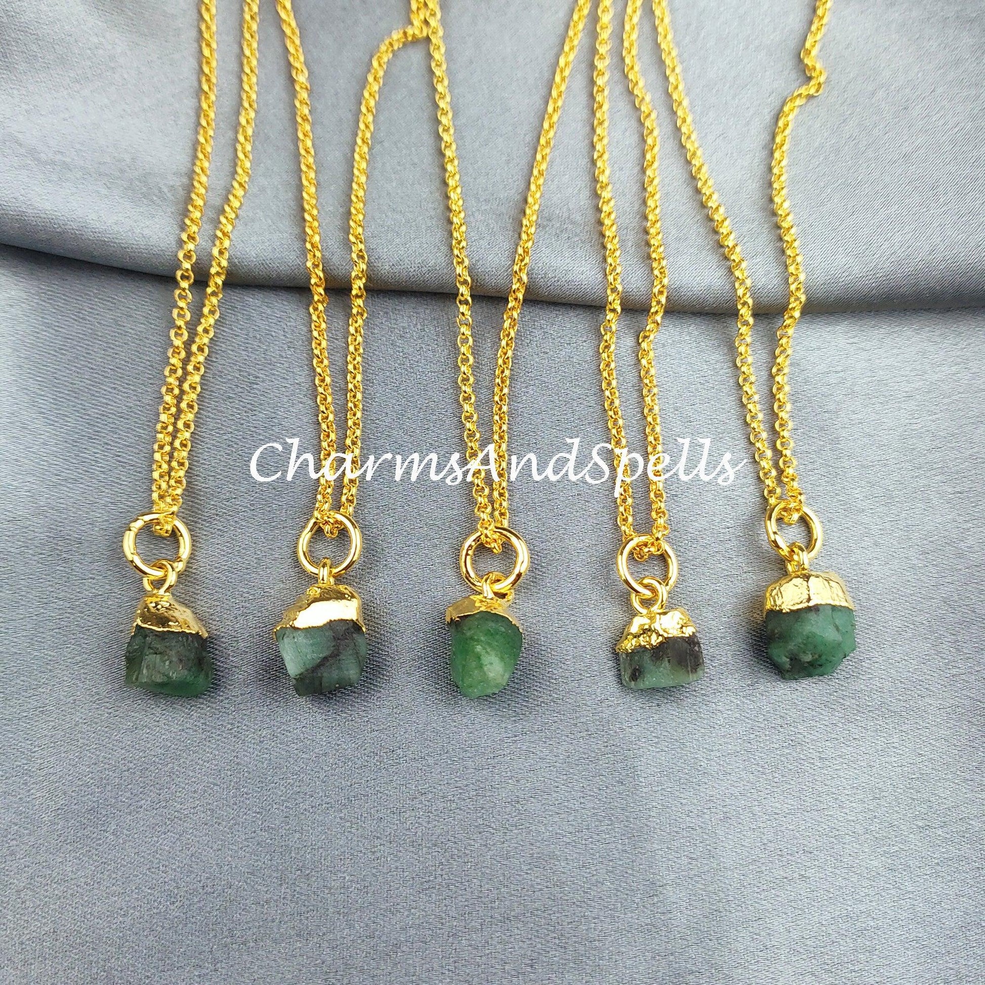 Natural Raw Emerald Necklace, Gold Plated Necklace, Crystal Necklace, Rough Emerald Necklace, Natural Gemstone Healing Crystal Jewelry - Charms And Spells