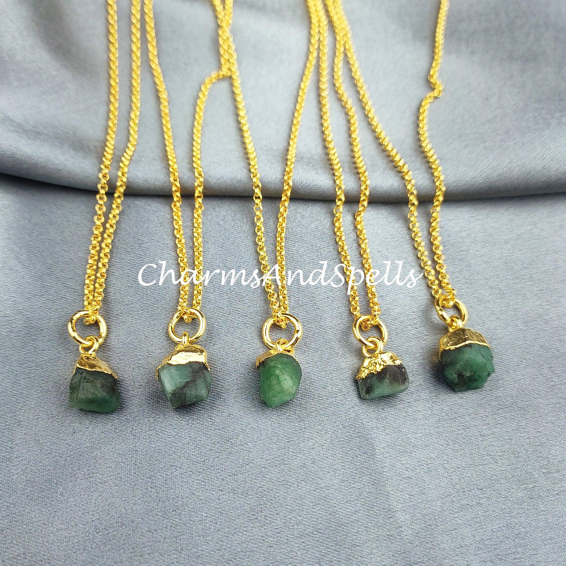 Natural Raw Emerald Necklace, Gold Plated Necklace, Crystal Necklace, Rough Emerald Necklace, Natural Gemstone Healing Crystal Jewelry - Charms And Spells