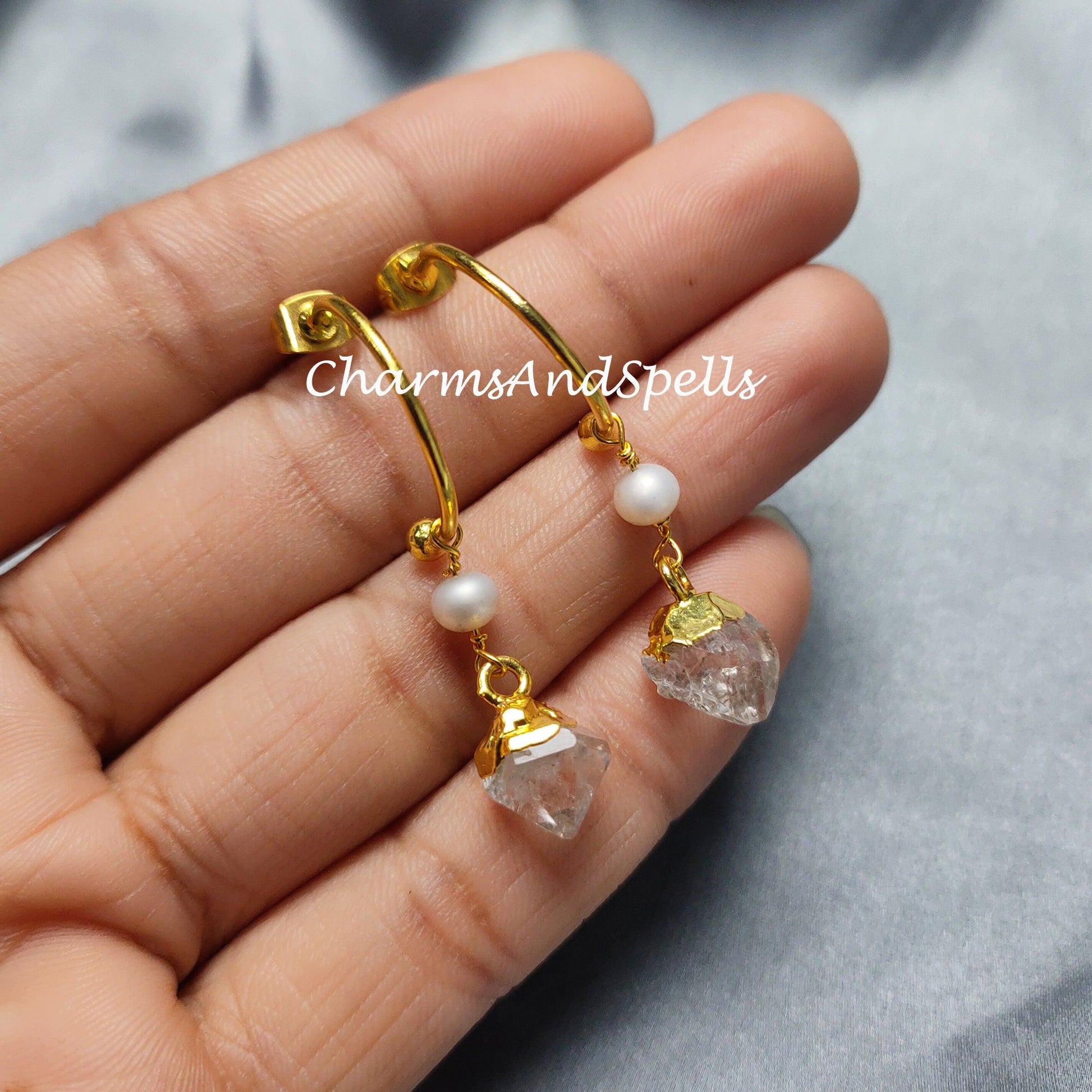 Raw Herkimer Quartz Earrings, Electroplated Earrings, 14K Gold Plated Earrings, Raw Earrings - Charms And Spells