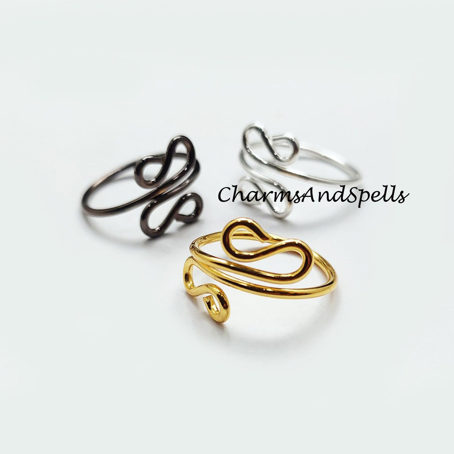 Wire Wrapped Ring, Black, Silver, Gold Plated Wire Ring, Adjustable Ring, Stacking Ring, Statement Ring, Women Ring - Charms And Spells