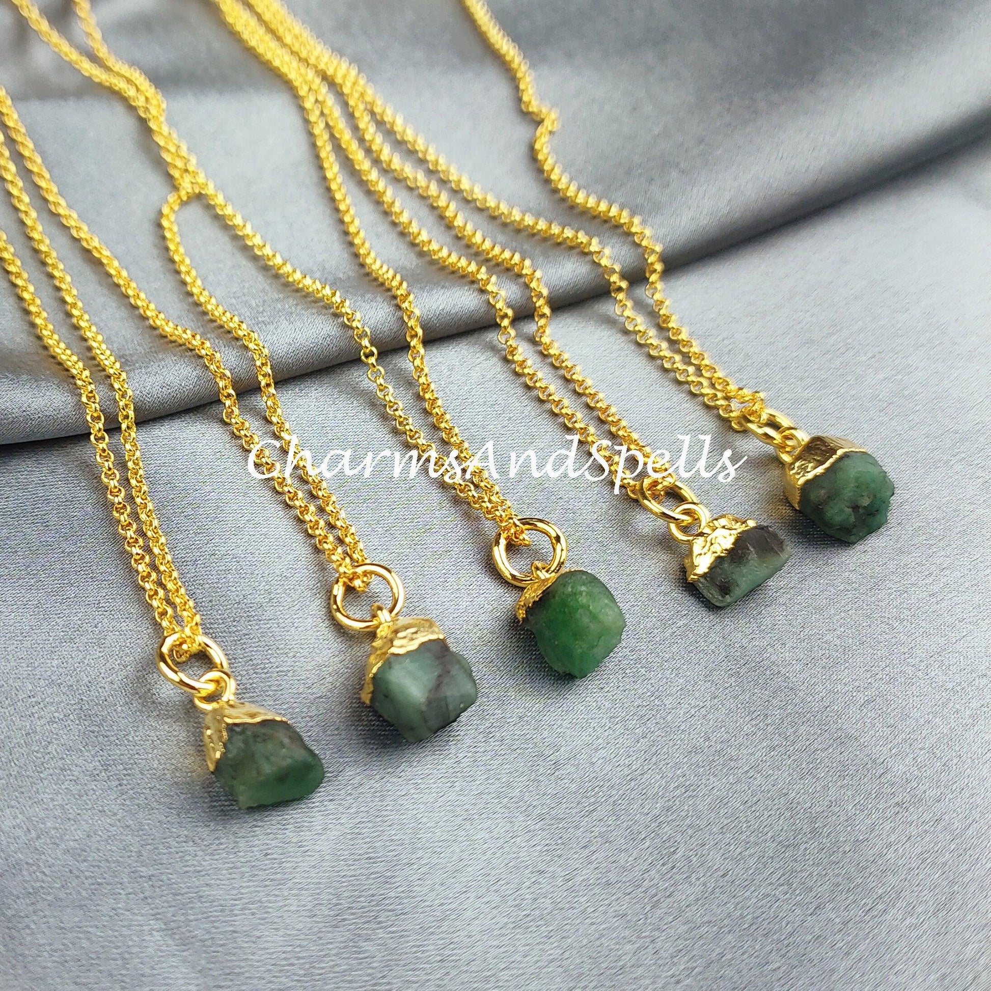 Natural Raw Emerald Necklace, Gold Plated Necklace, Crystal Necklace, Rough Emerald Necklace, Natural Gemstone Healing Crystal Jewelry - Charms And Spells