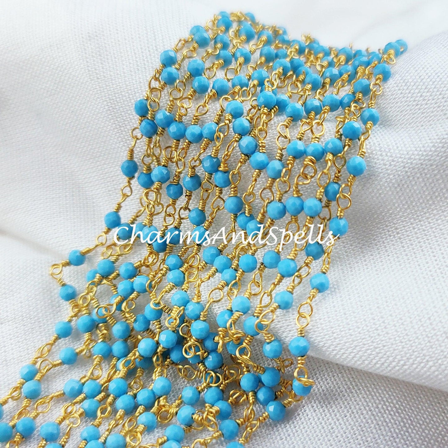 1,2,5,10,25 Ft Turquoise Hydro Faceted Rondelle Beaded Rosary Chain, Gold Plated Wire, Jewelry Making Chain, Wire Wrapped Chain 2-2.5mm - Charms And Spells