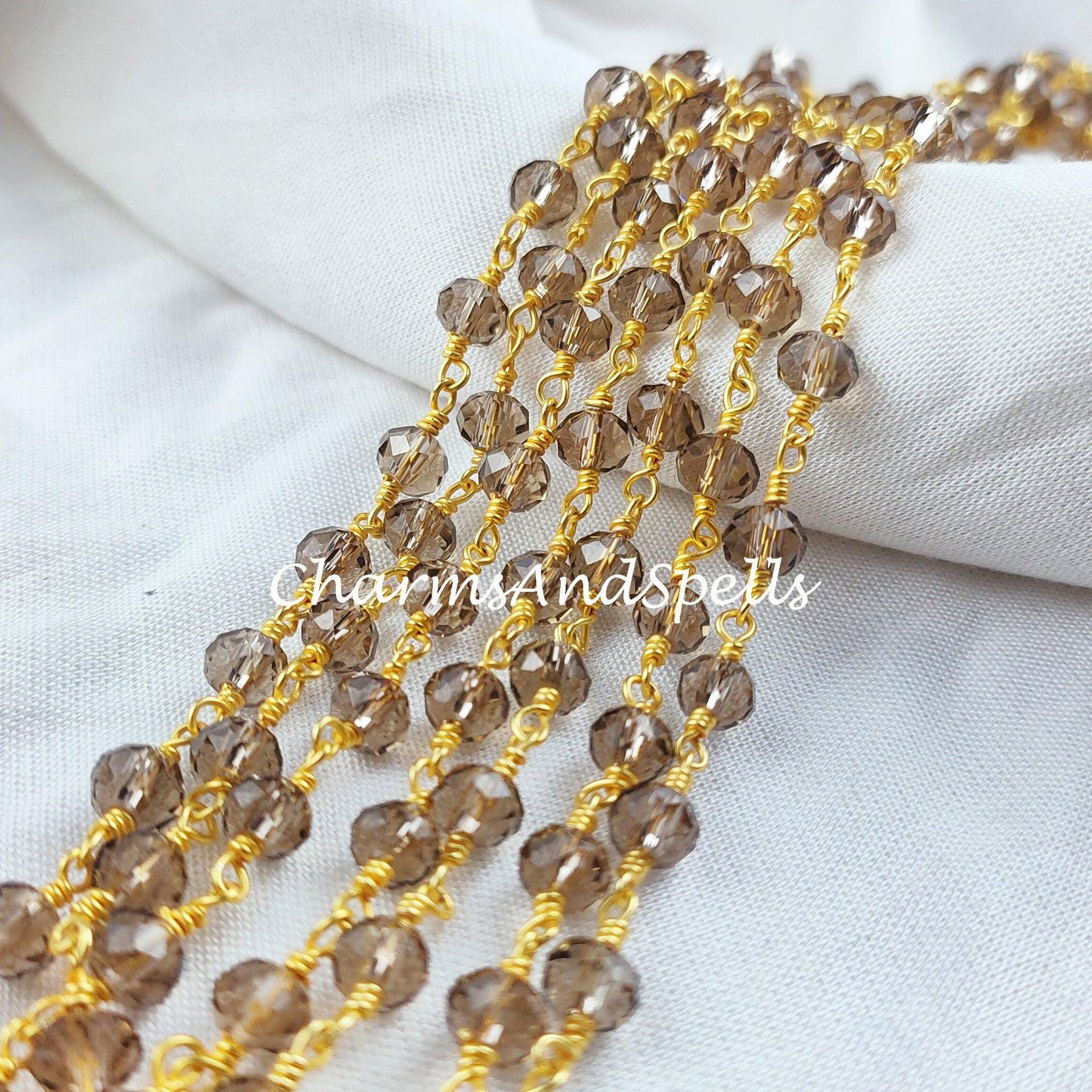 1 Feet Chain, Smoky Quartz Gemstone Rosary Chain, 5.5-6mm Beads Chain, 14K Gold Plated Wire Wrapped Beaded Chain, DIY Necklace Chain - Charms And Spells