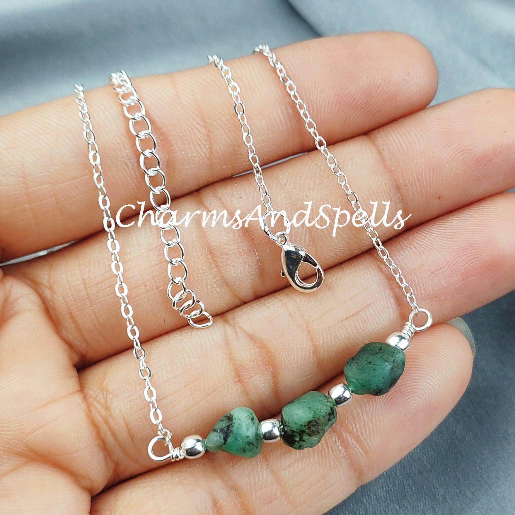 Rough Emerald Necklace, Ethnic Handmade Necklace, May Birthstone, Healing Jewelry, Gift For Her, Green Emerald Necklace - Charms And Spells