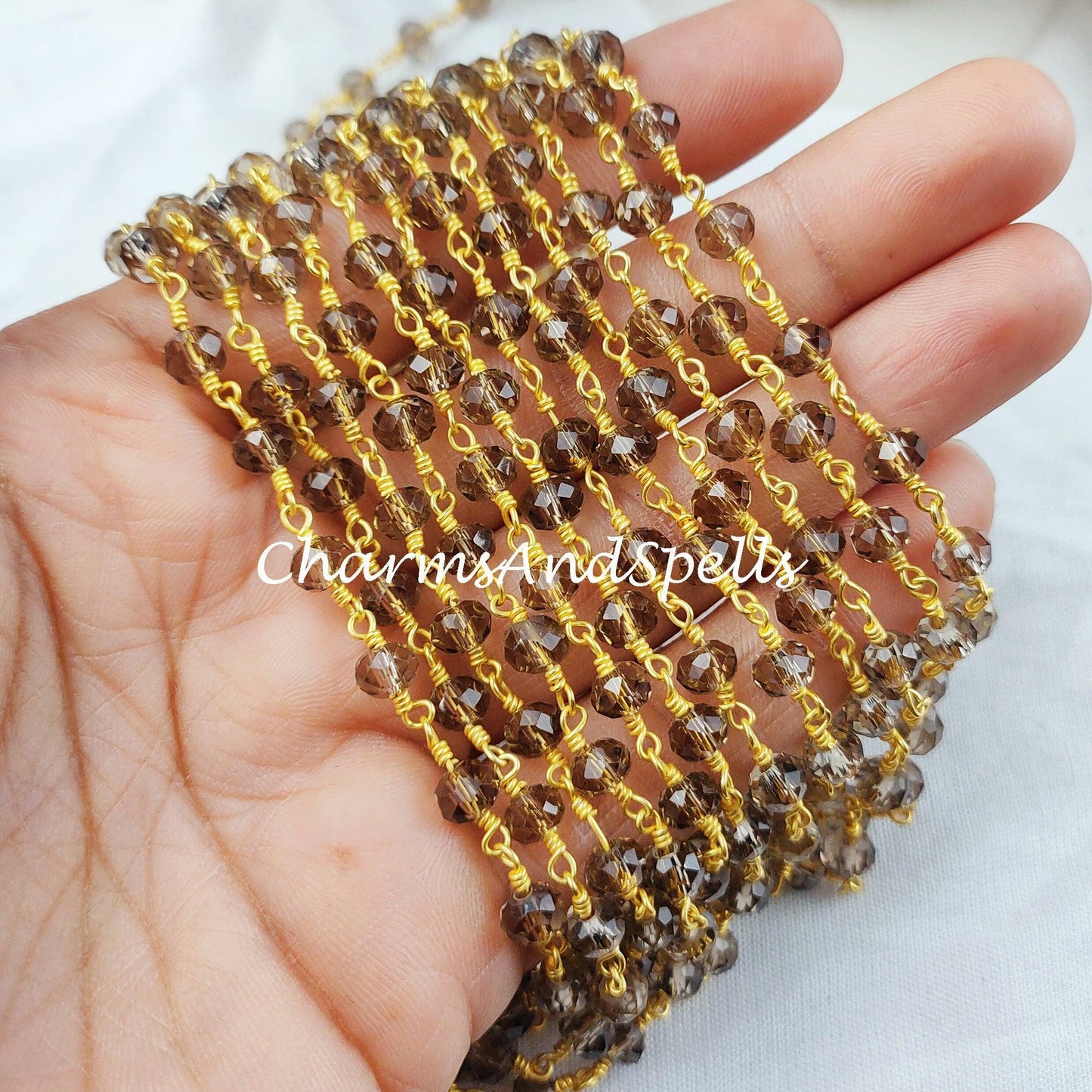 1 Feet Chain, Smoky Quartz Gemstone Rosary Chain, 5.5-6mm Beads Chain, 14K Gold Plated Wire Wrapped Beaded Chain, DIY Necklace Chain - Charms And Spells