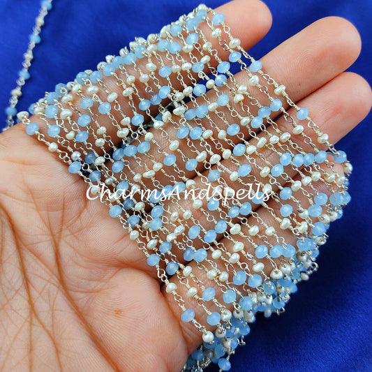 1 Feet Chain, Chalcedony Gemstone Rosary Chain, 2-3mm Beads Chain, Pearl Silver Plated Wire Wrapped Beaded Chain, DIY Necklace Chain, Gift For He - Charms And Spells