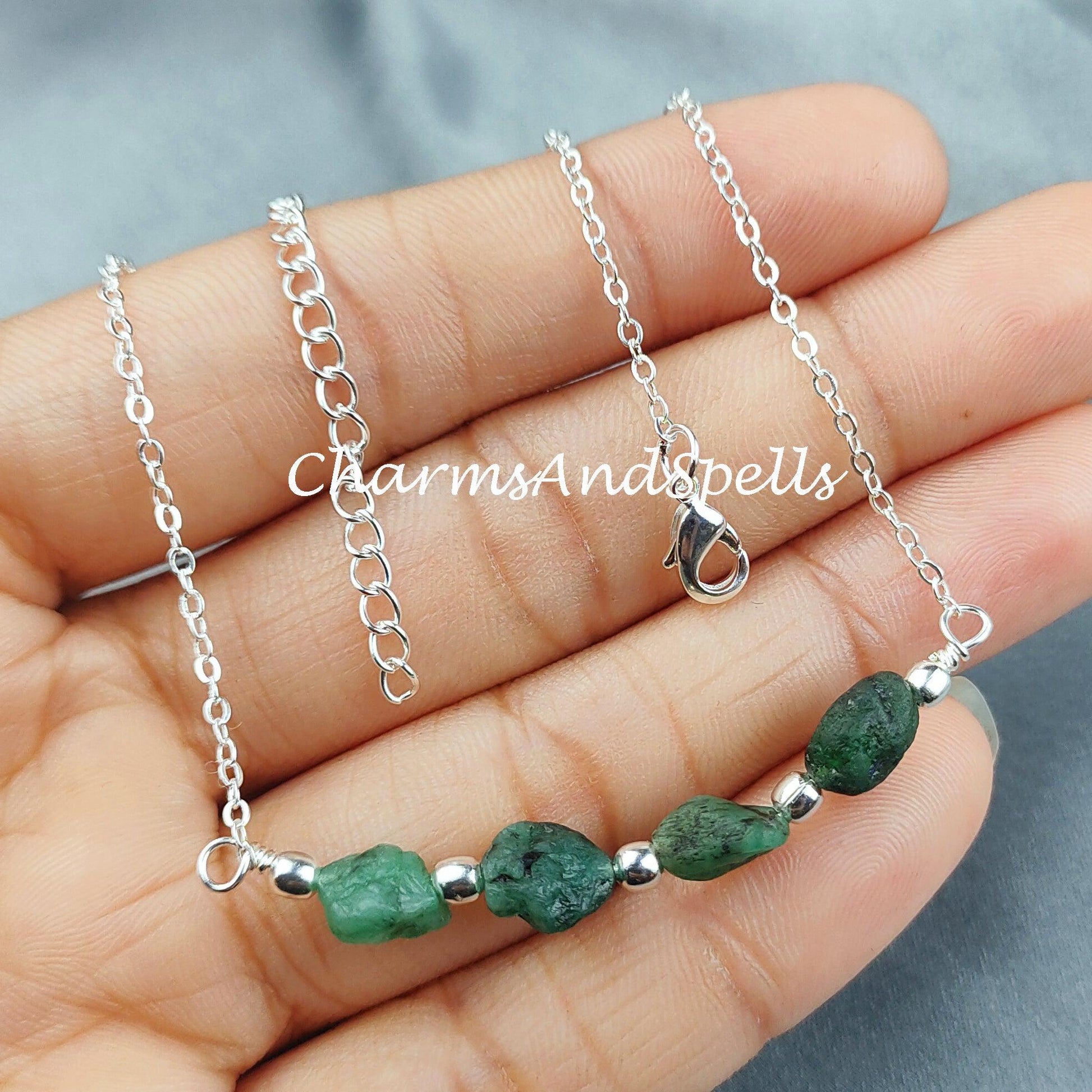 Raw Emerald Necklace, Rough Gemstone Crystal, Healing Stone, May Birthstone, Layering, Girlfriend - Charms And Spells