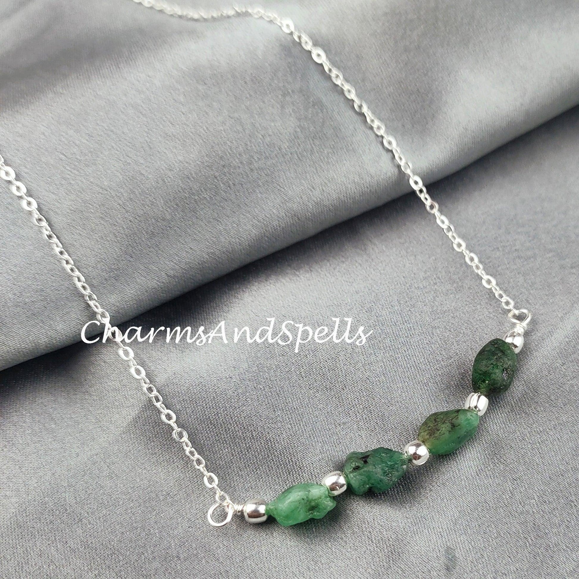 Raw Emerald Necklace, Rough Gemstone Crystal, Healing Stone, May Birthstone, Layering, Girlfriend - Charms And Spells