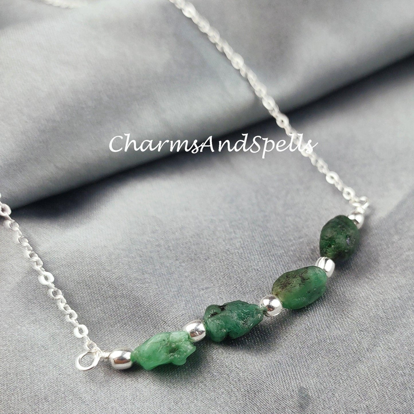 Raw Emerald Necklace, Rough Gemstone Crystal, Healing Stone, May Birthstone, Layering, Girlfriend - Charms And Spells