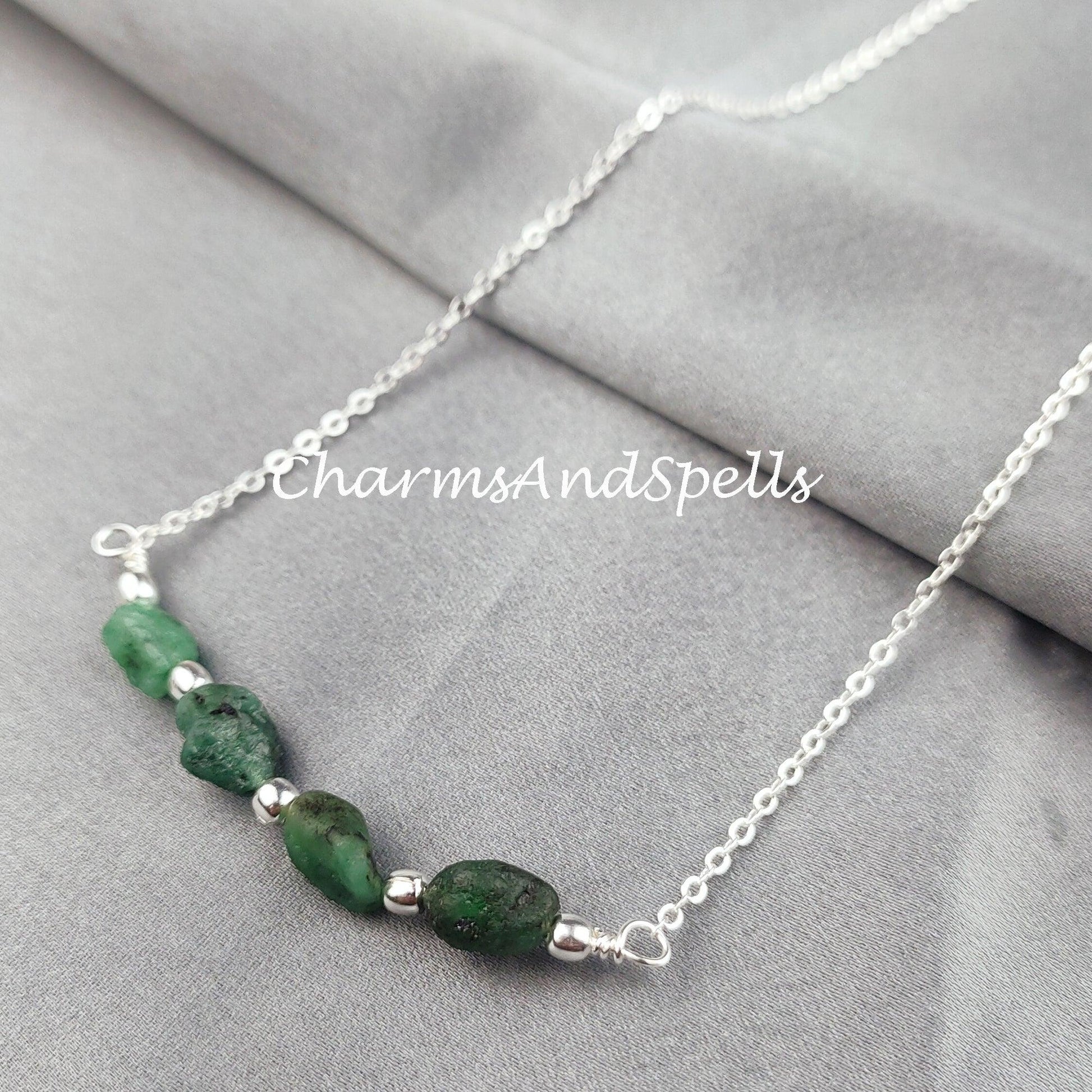 Raw Emerald Necklace, Rough Gemstone Crystal, Healing Stone, May Birthstone, Layering, Girlfriend - Charms And Spells