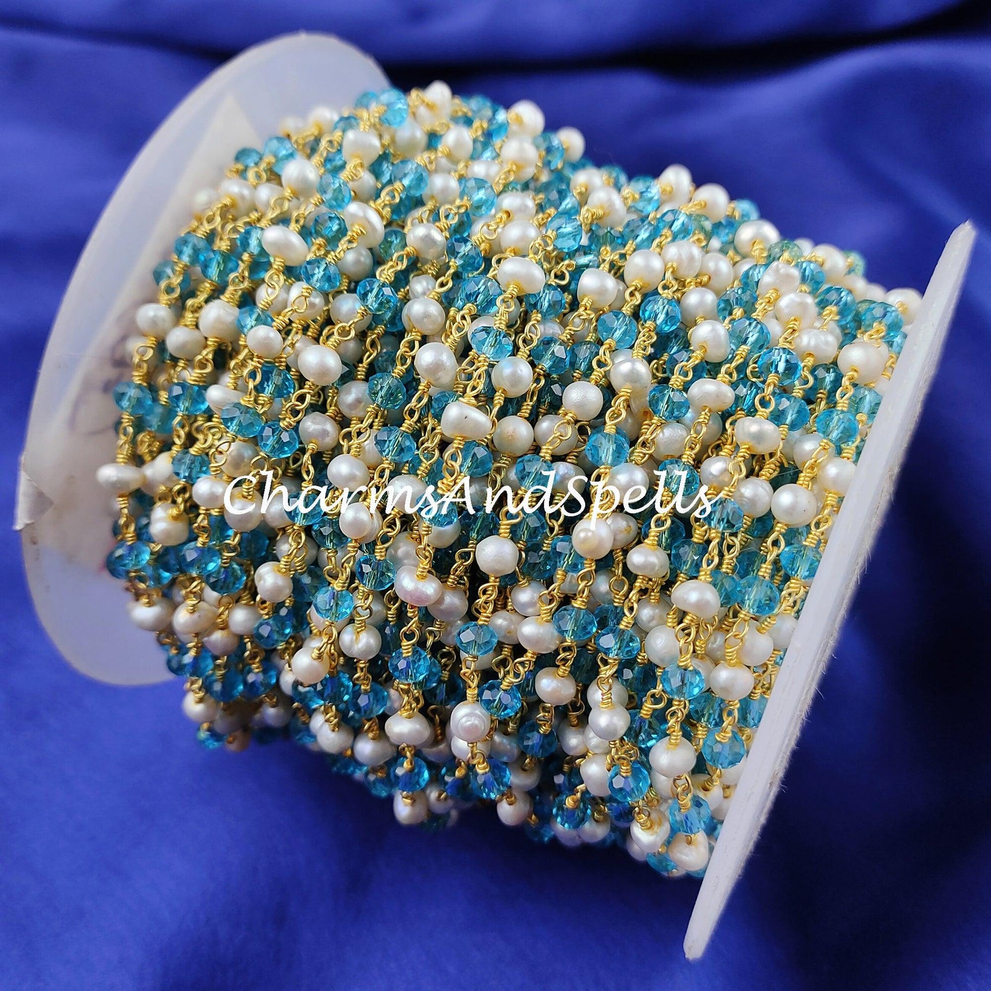 1,2,5,10,25 Ft Blue Topaz Faceted Rondelle Beaded Rosary Chain, Pearl Gold Plated Wire, Jewelry Making Chain, Wire Wrapped Chain 3.5-4.5mm - Charms And Spells