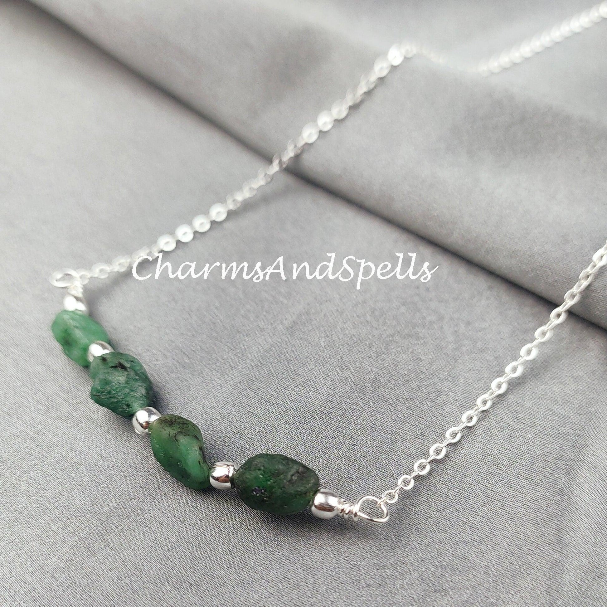 Raw Emerald Necklace, Rough Gemstone Crystal, Healing Stone, May Birthstone, Layering, Girlfriend - Charms And Spells